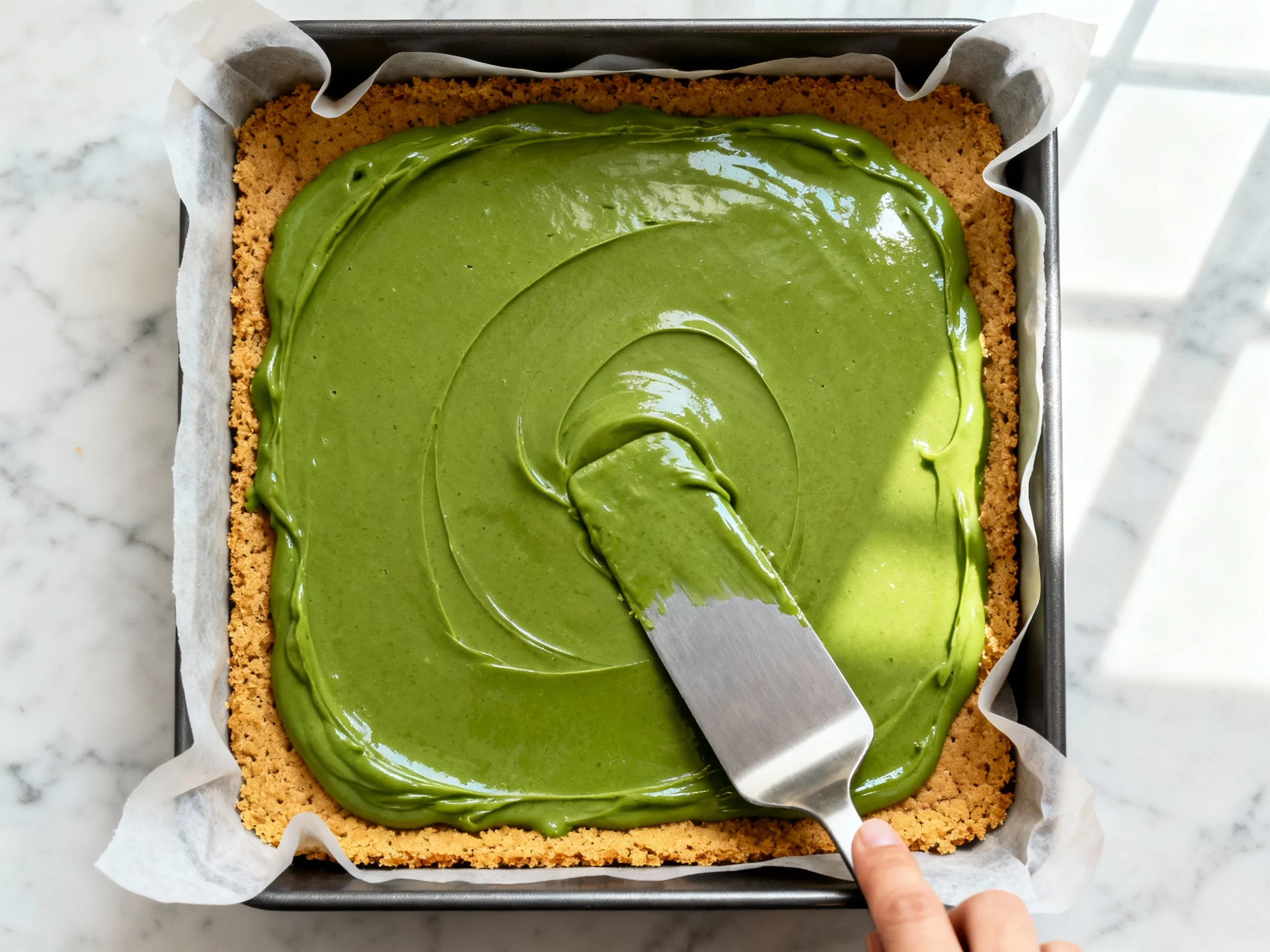 Food photography, Overhead shot of an 8x8-inch parchment-lined pan: compressed golden graham cracker crust topped with f