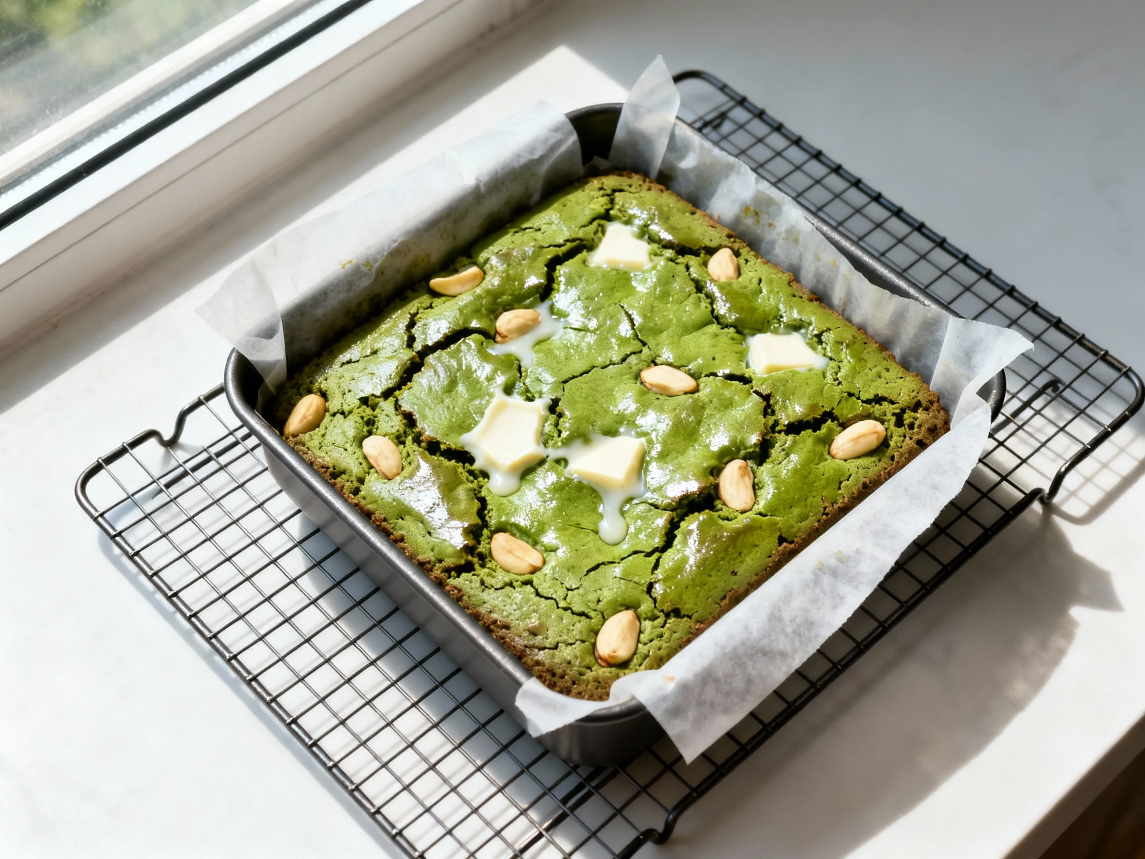 Food photography, 1. Overhead shot of an 8-inch square pan of freshly baked matcha brownies cooling in a parchment sling