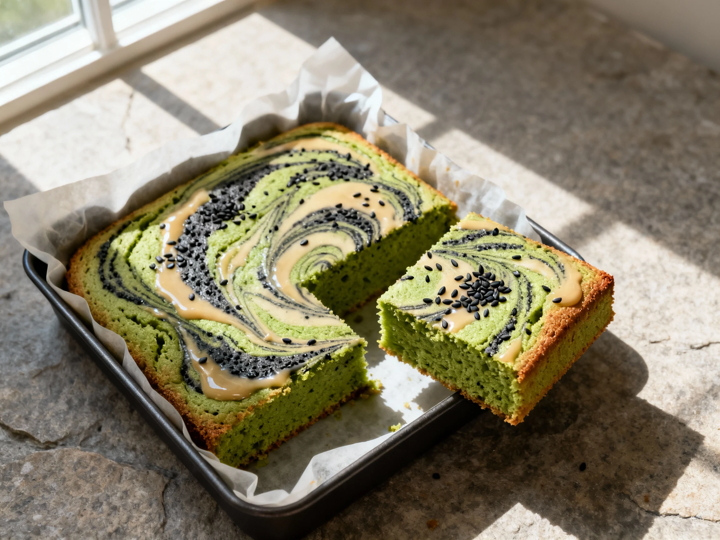 Food photography, Overhead shot of a freshly baked matcha snack cake (Black Sesame Swirl variation) in a parchment-lined