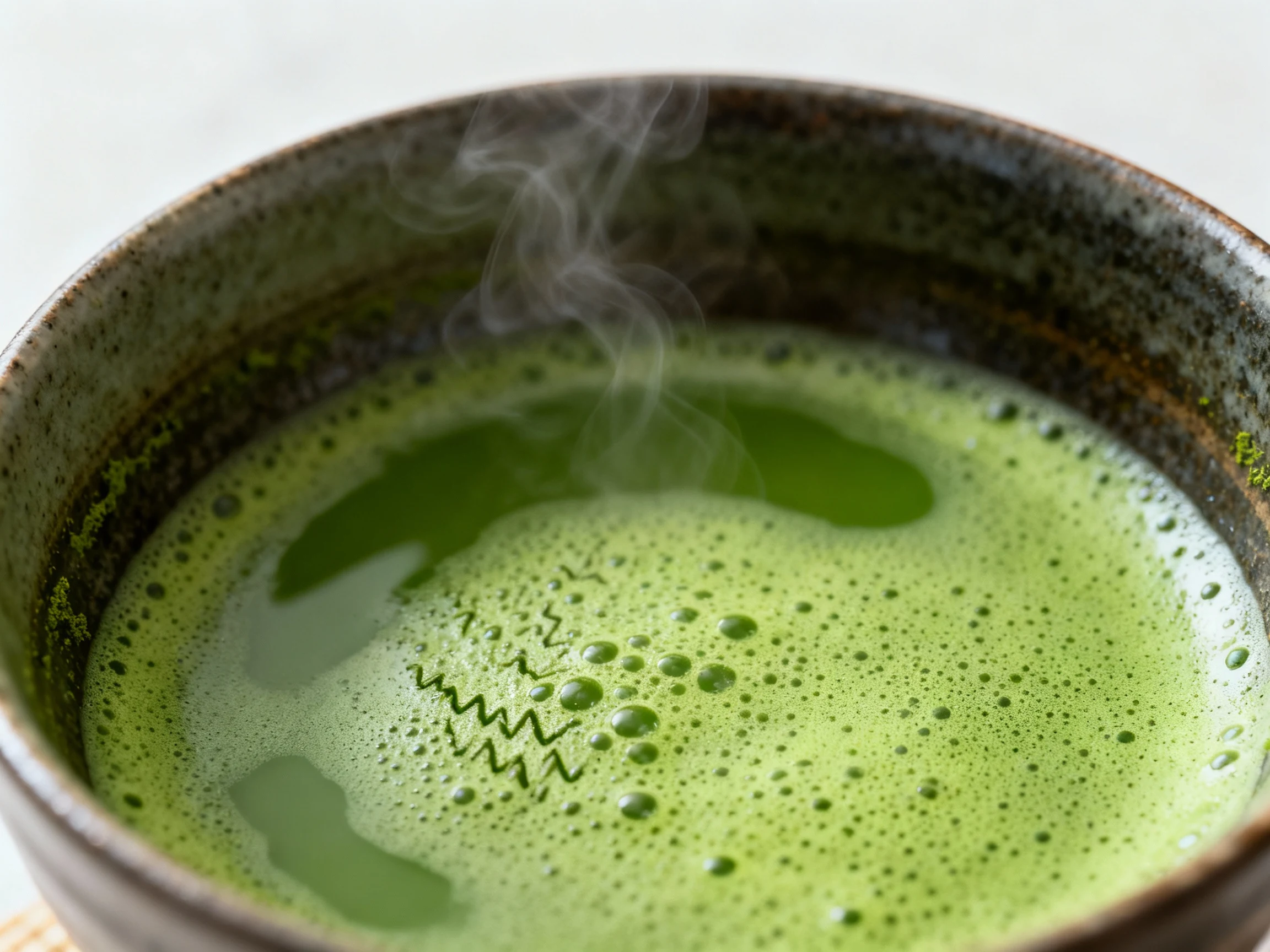 Food photography, Close-up of vibrant jade-green matcha concentrate being whisked briskly in a wide ceramic bowl, fine m