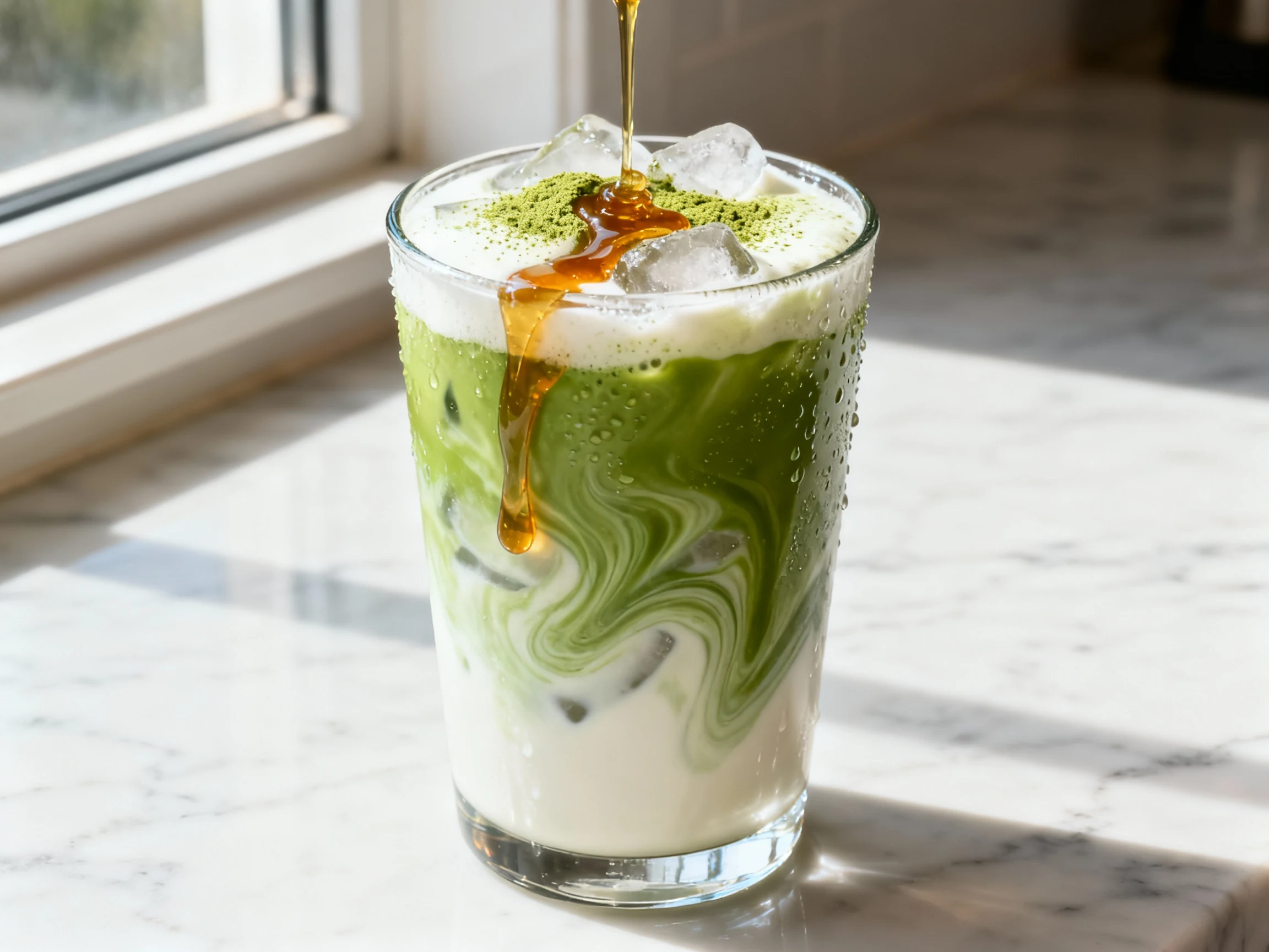 Food photography, 1. Close-up process shot: iced vanilla matcha latte being assembled—vibrant matcha base swirling into 