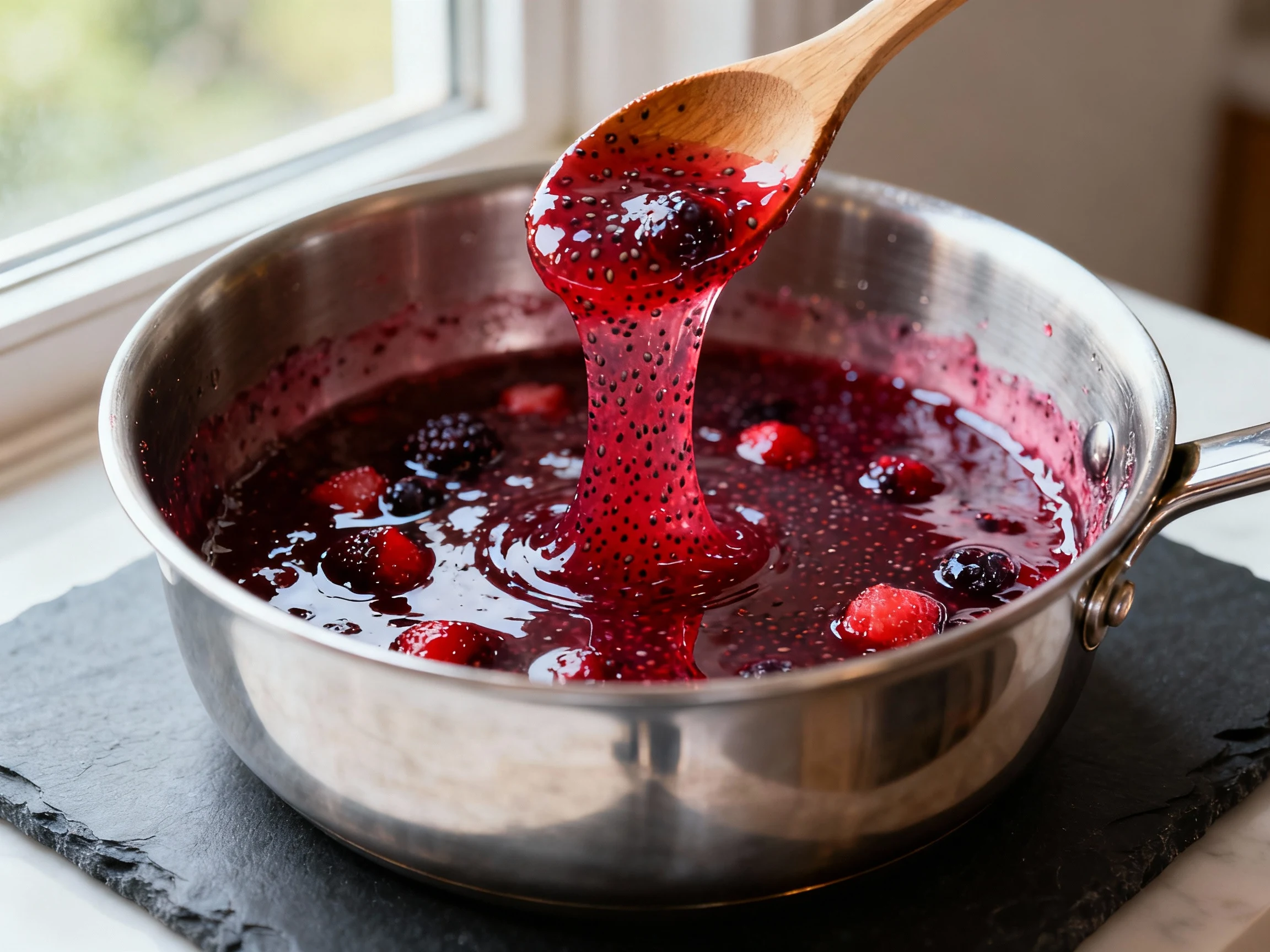 Food photography, Close-up of 10-minute berry chia jam gelling off-heat in a stainless saucepan, glossy ruby hue with vi