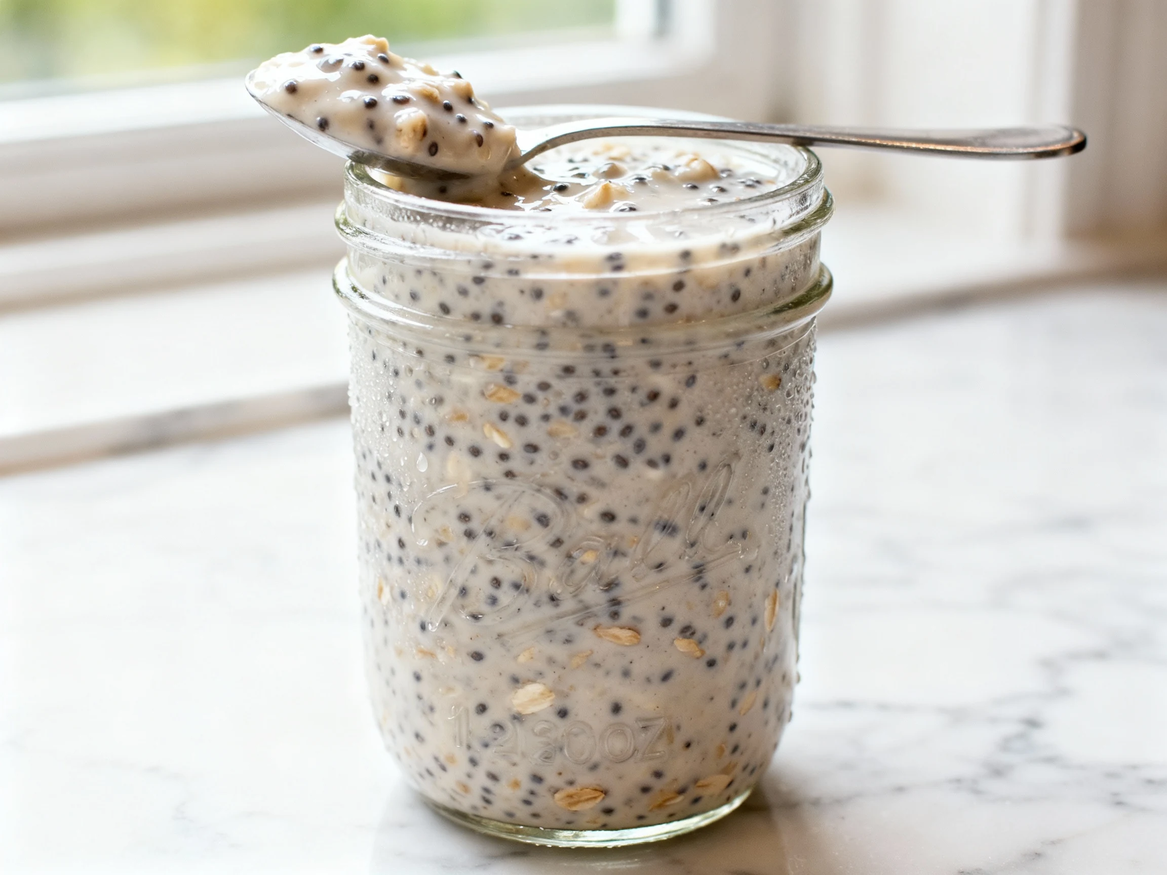 Food photography, Close-up process: Overnight oats with chia seeds just chilled, being stirred smooth in a clear 12 oz j