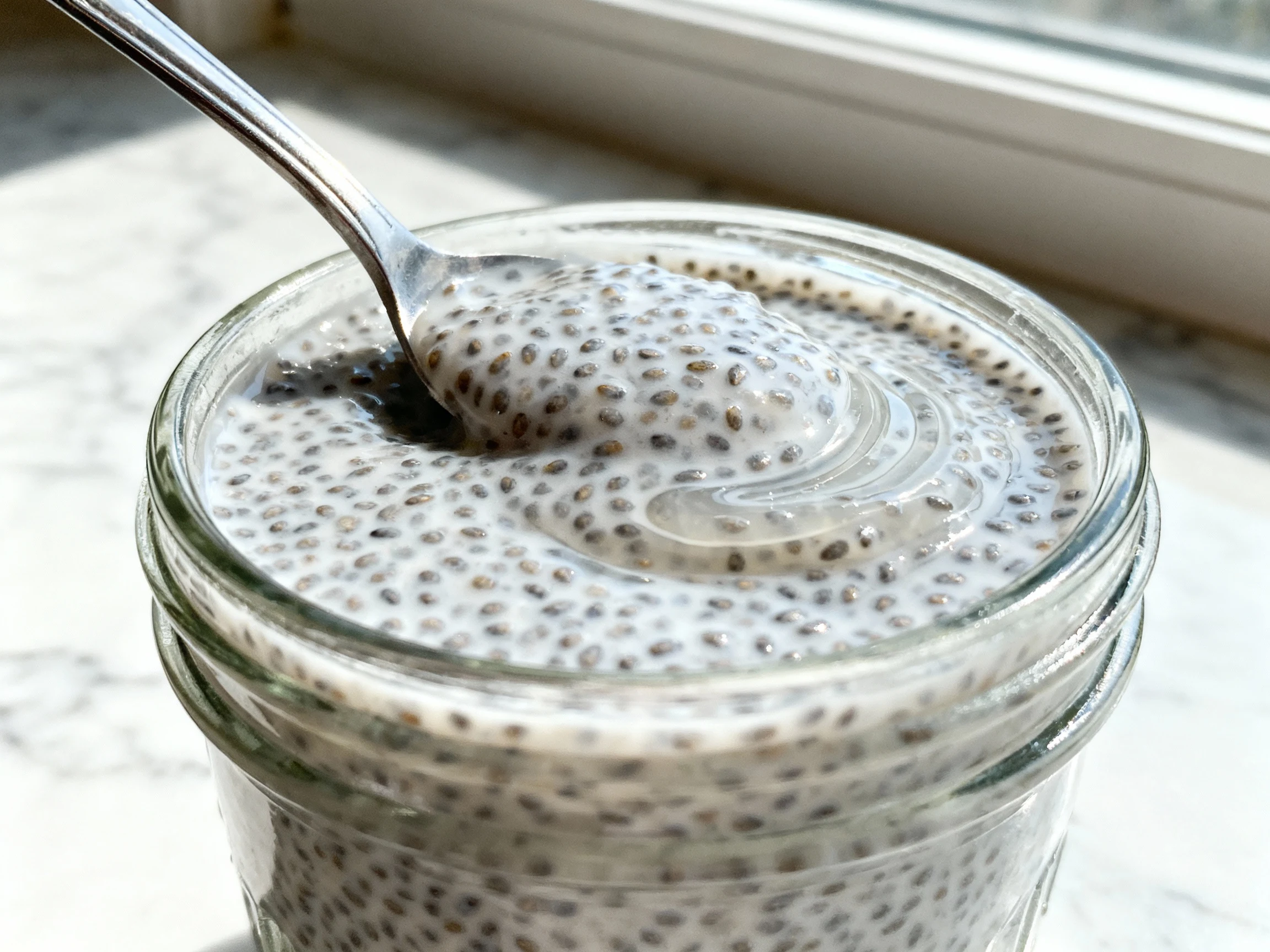 Food photography, 1. Close-up of chia pudding mid-set stir in a clear jar: creamy, scoopable gel with evenly hydrated ch