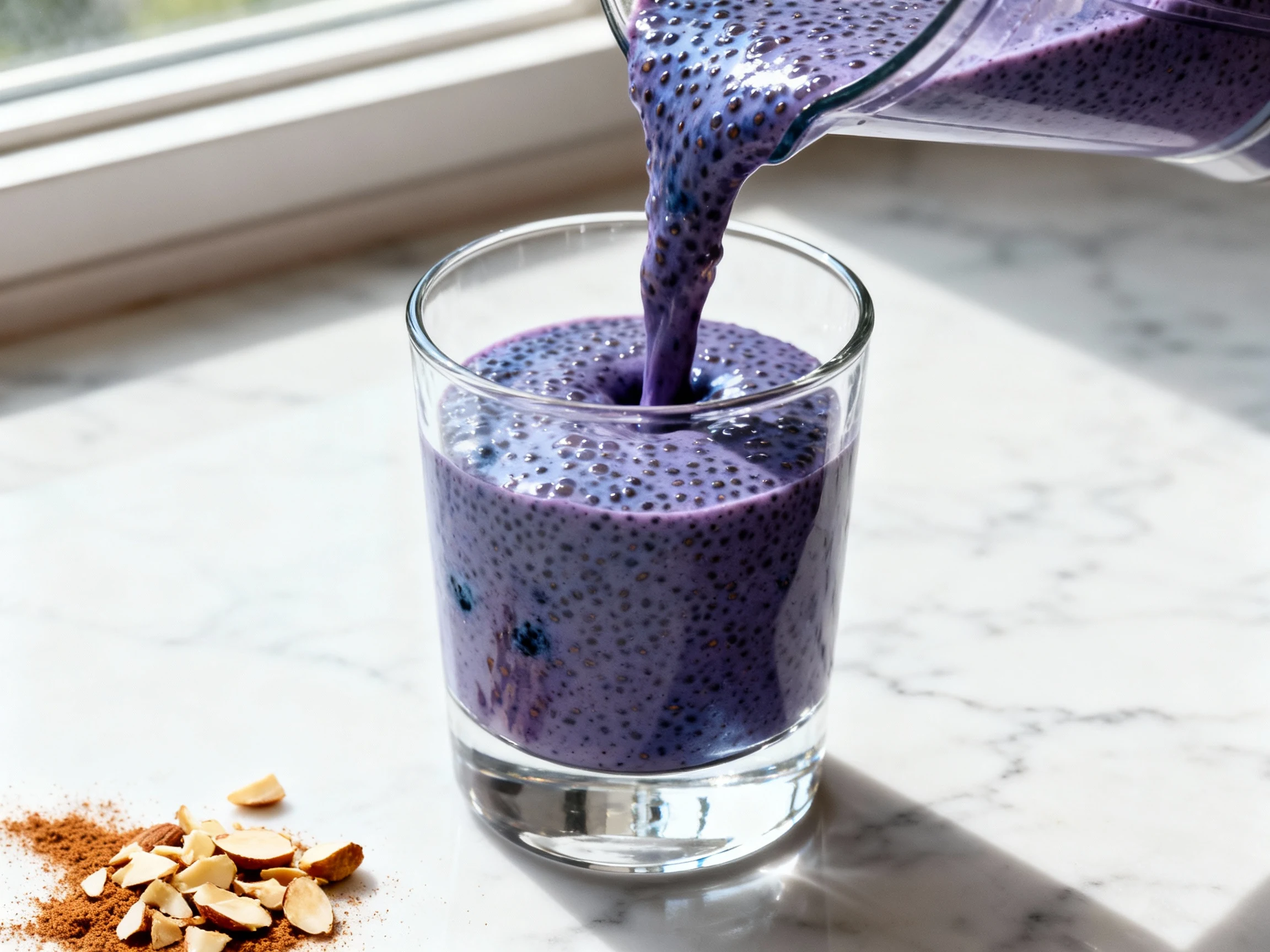 Food photography, Close-up of Blueberry Almond Crunch chia smoothie mid-pour into a chilled glass: deep blueberry-purple