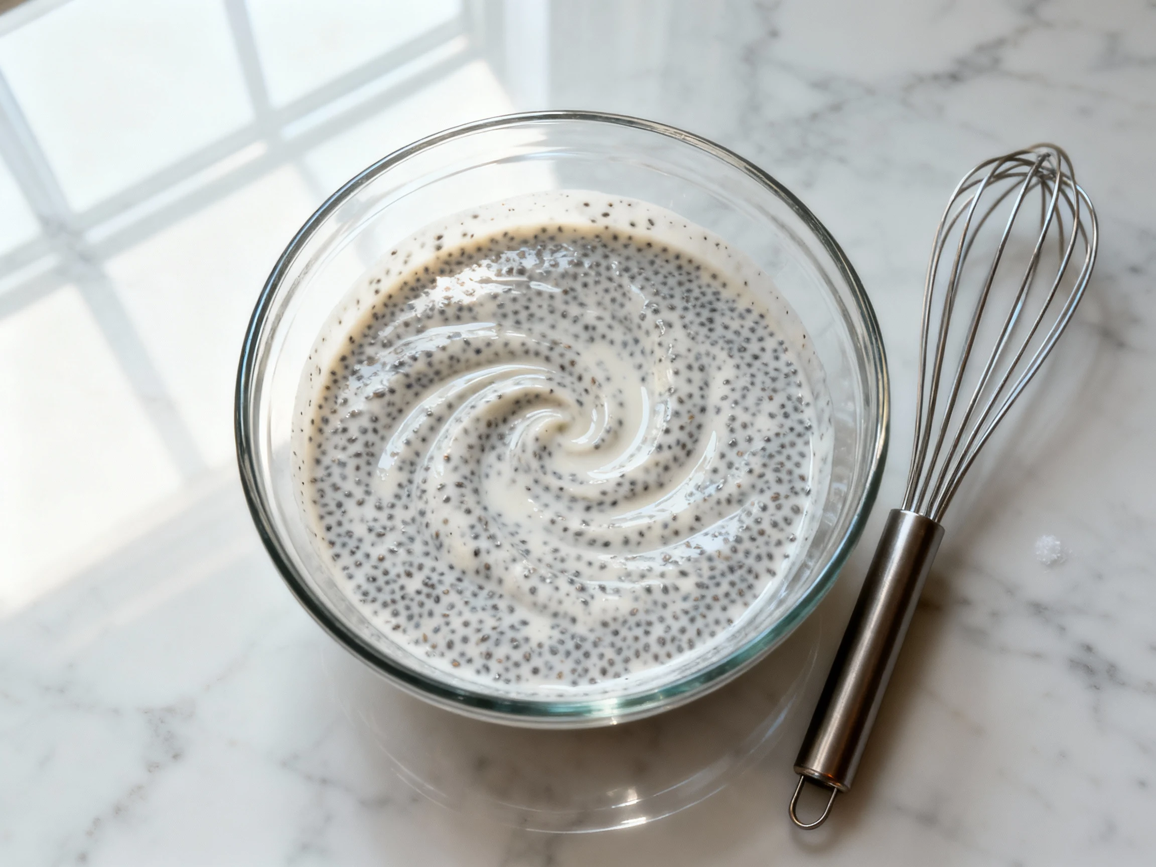Food photography, 1. Overhead shot of chia pudding base at the second whisk step: creamy, evenly speckled mixture (3 tbs
