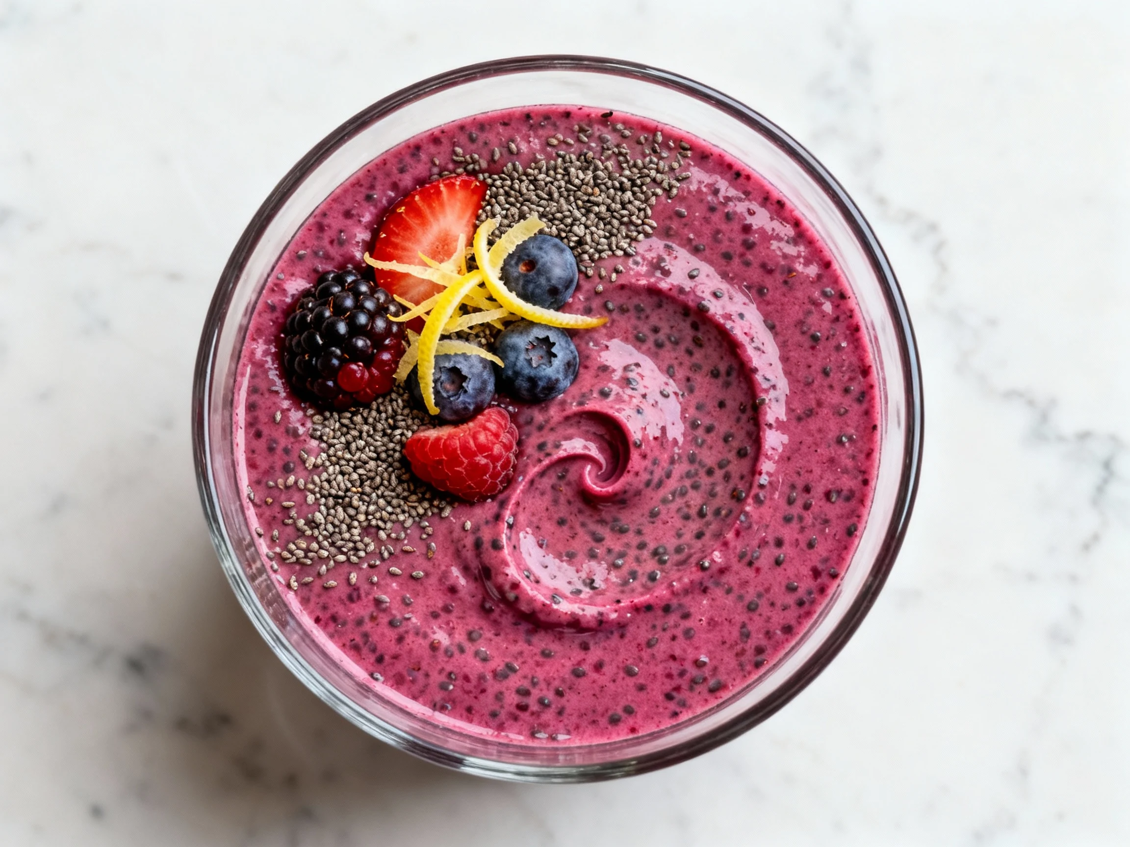 Food photography, Overhead shot of the Berry-Citrus Glow chia smoothie in a wide-mouth clear glass—deep magenta, ultra c