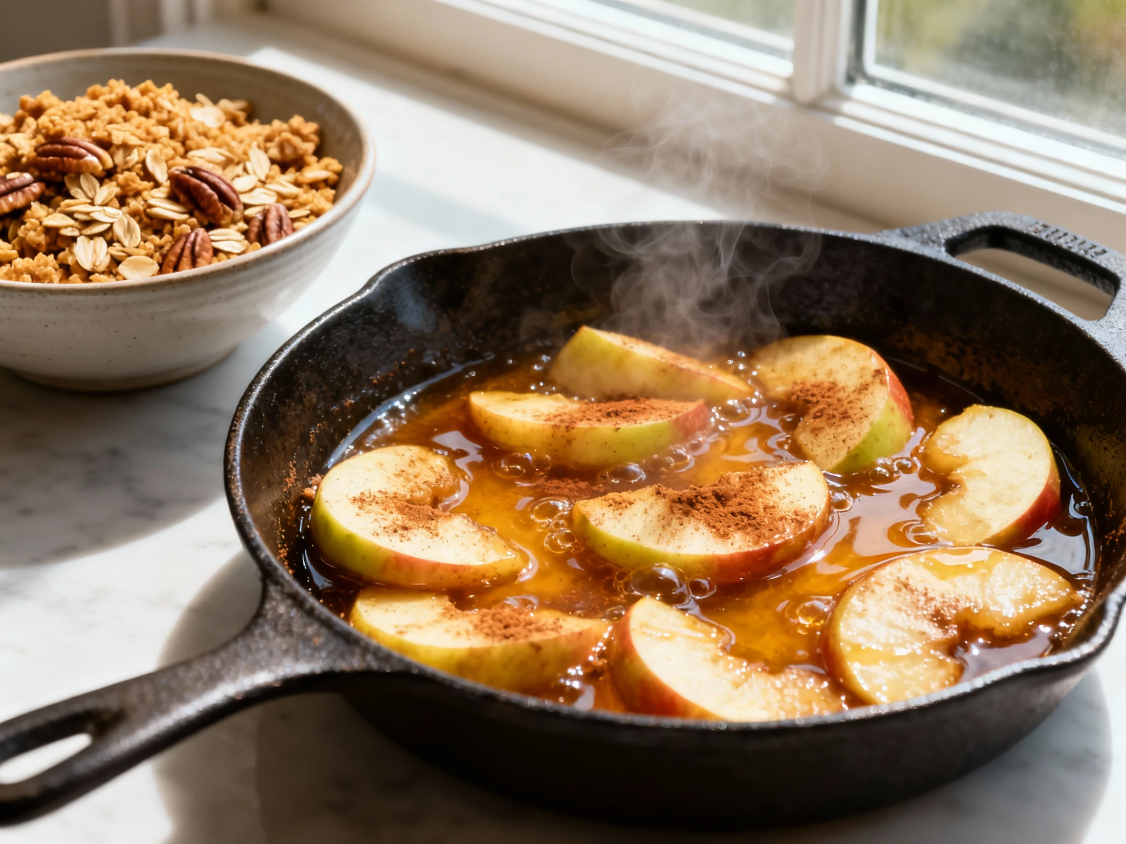 Food photography, Overhead shot of sautéed apple slices in a cast-iron skillet, cinnamon-dusted and bubbling in a glossy