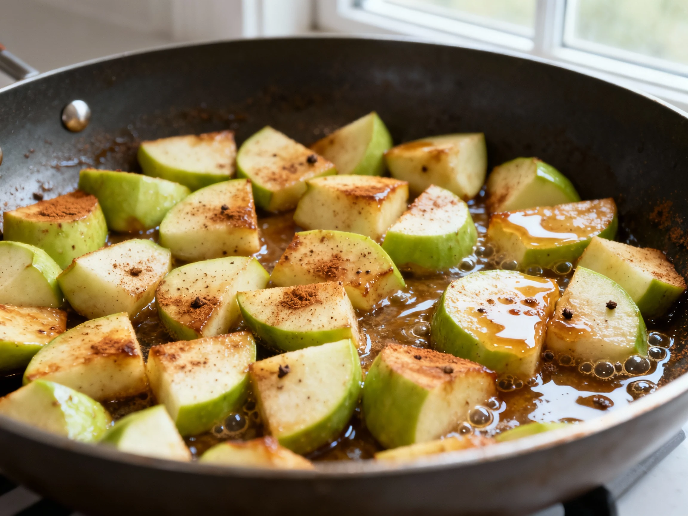 Food photography, Close-up of butter-sauteed chayote apple bites in a large skillet, allulose-browned, speckled with cin