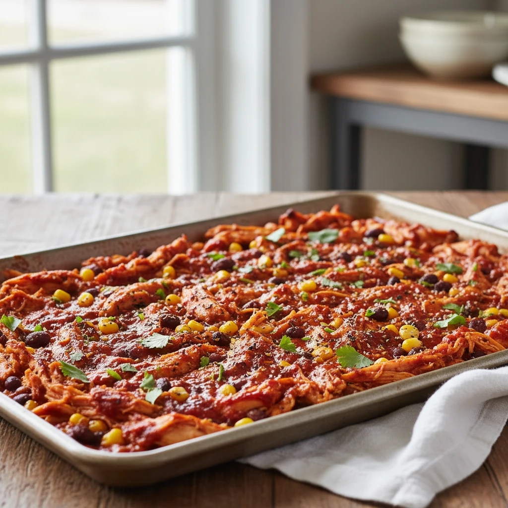 Food photography, Close-up of shredded salsa chicken spread on a sheet pan after slow cooking, edges caramelized under t