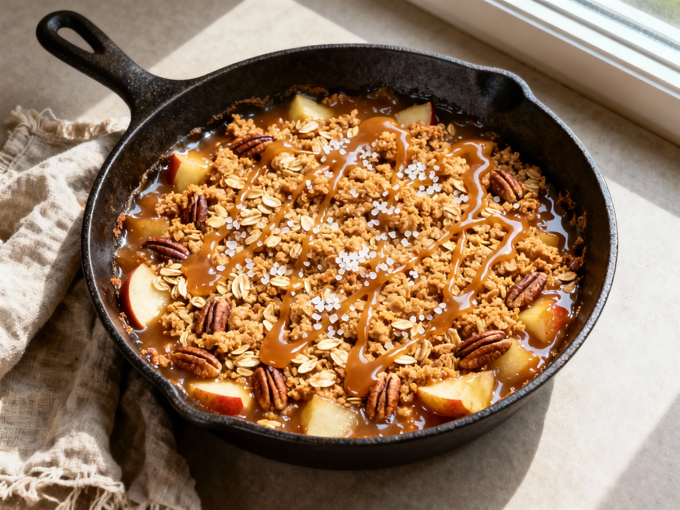 Food photography, 1. Overhead shot of freshly baked caramel apple crisp in a 10-inch cast-iron skillet—golden oat-pecan 