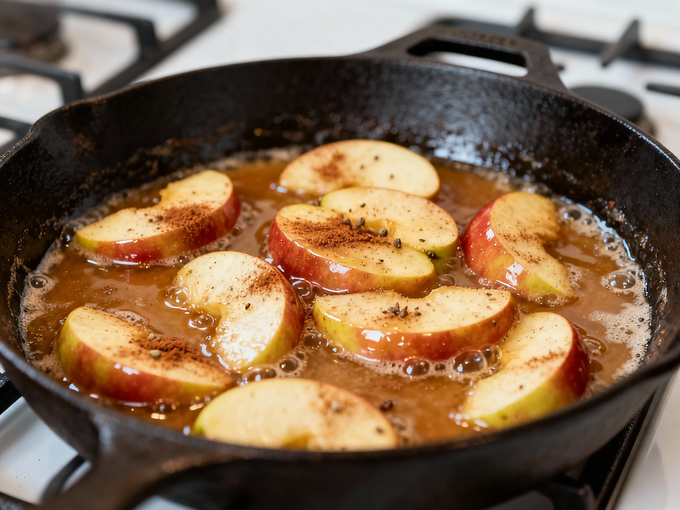 Food photography, Cooking process close-up: Spiced apple slices sautéing in nutty brown butter in a 10-inch cast-iron sk