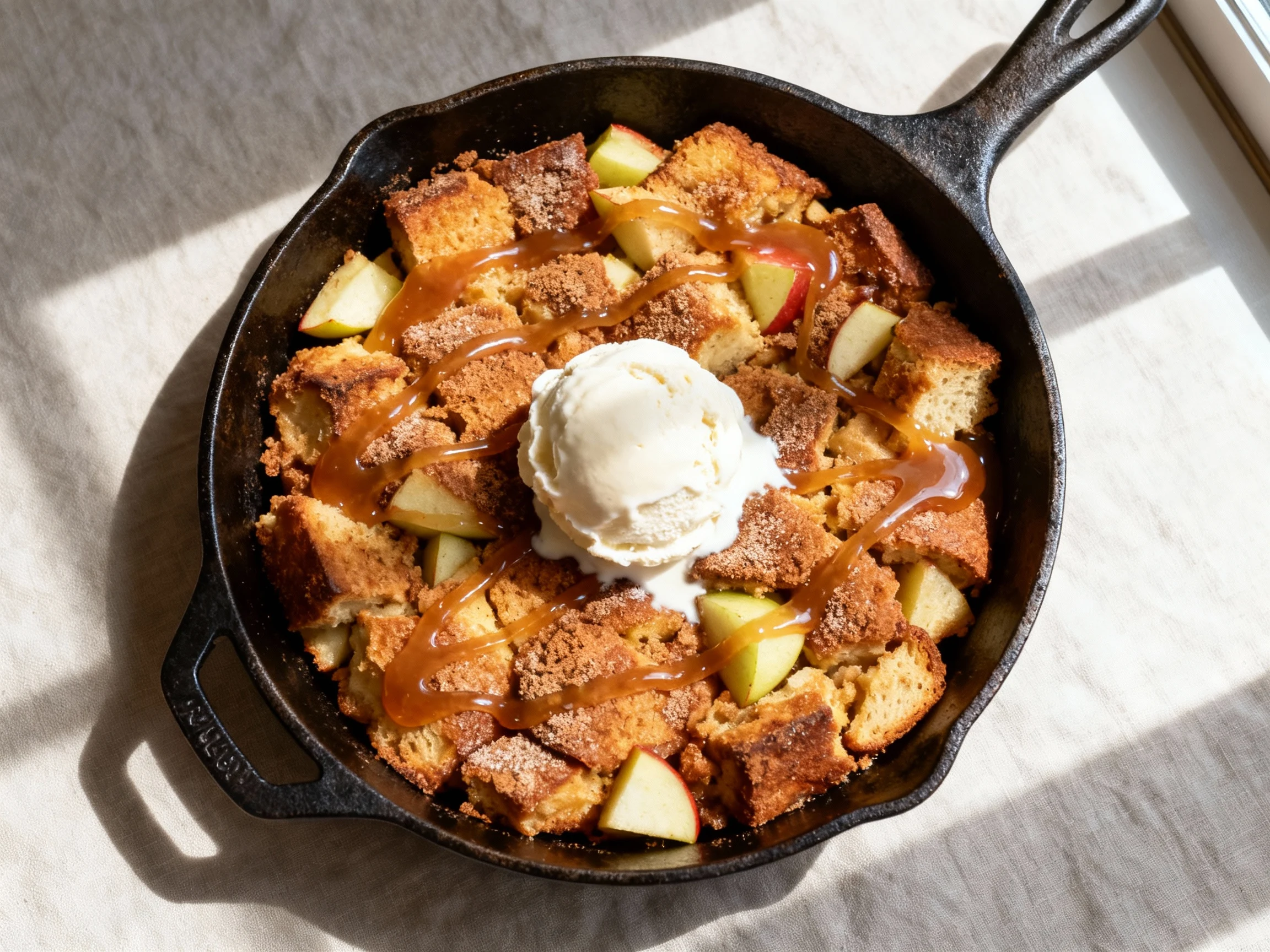 Food photography, Overhead shot of Apple Cider Donut Bread Pudding baked in a cast-iron skillet, golden-brown cinnamon-s
