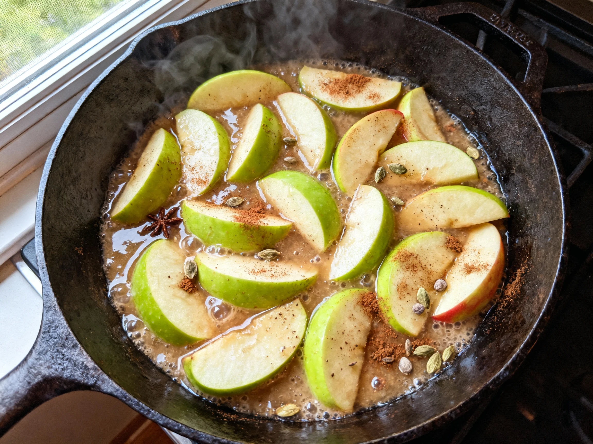 Food photography, Overhead cooking process: peeled apple slices (Granny Smith + Honeycrisp) simmering in a 10-inch cast-