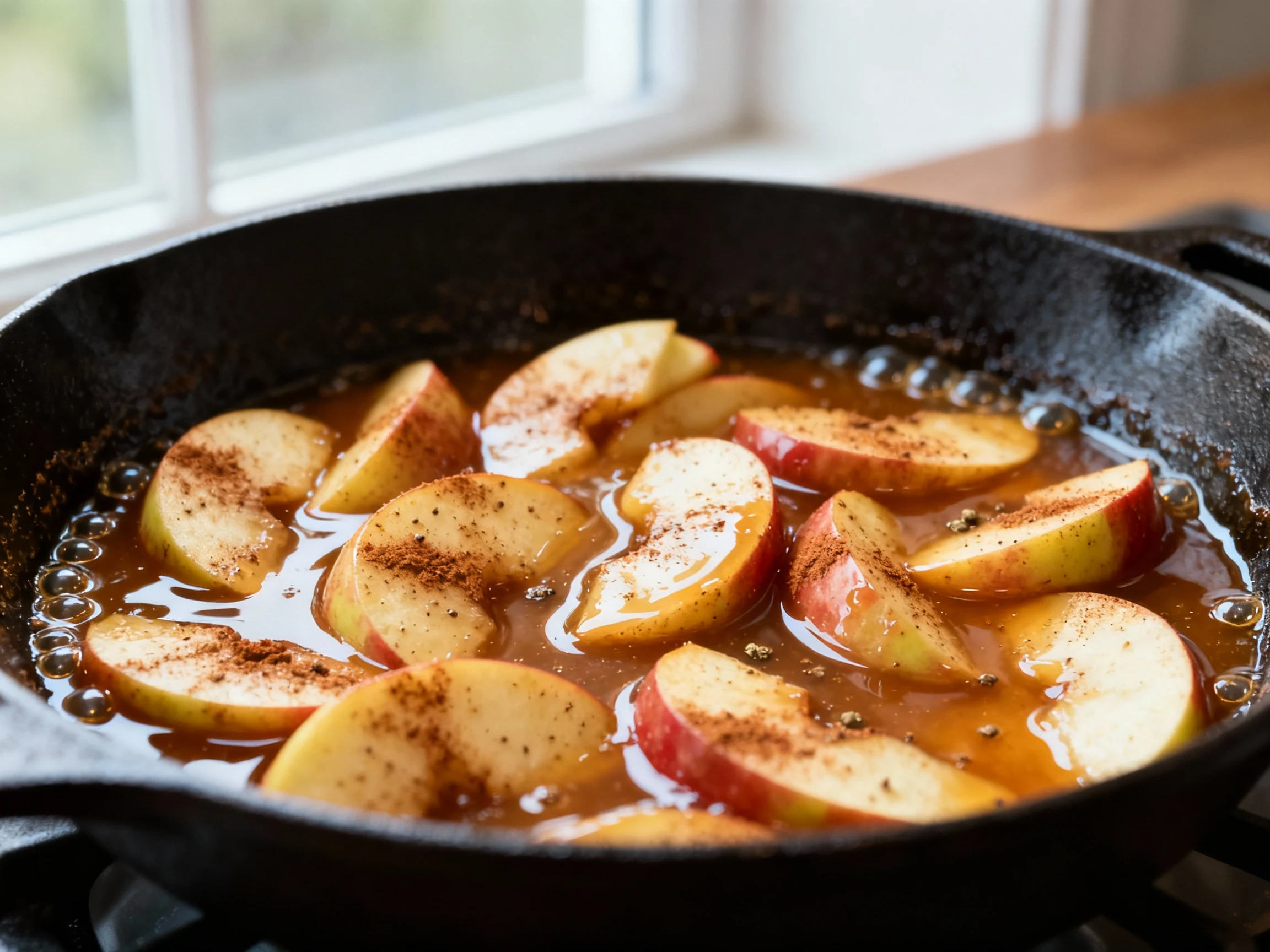 Food photography, Close-up detail: Cinnamon-spiked apple slices sautéing in a 10-inch cast-iron skillet, coated in a glo