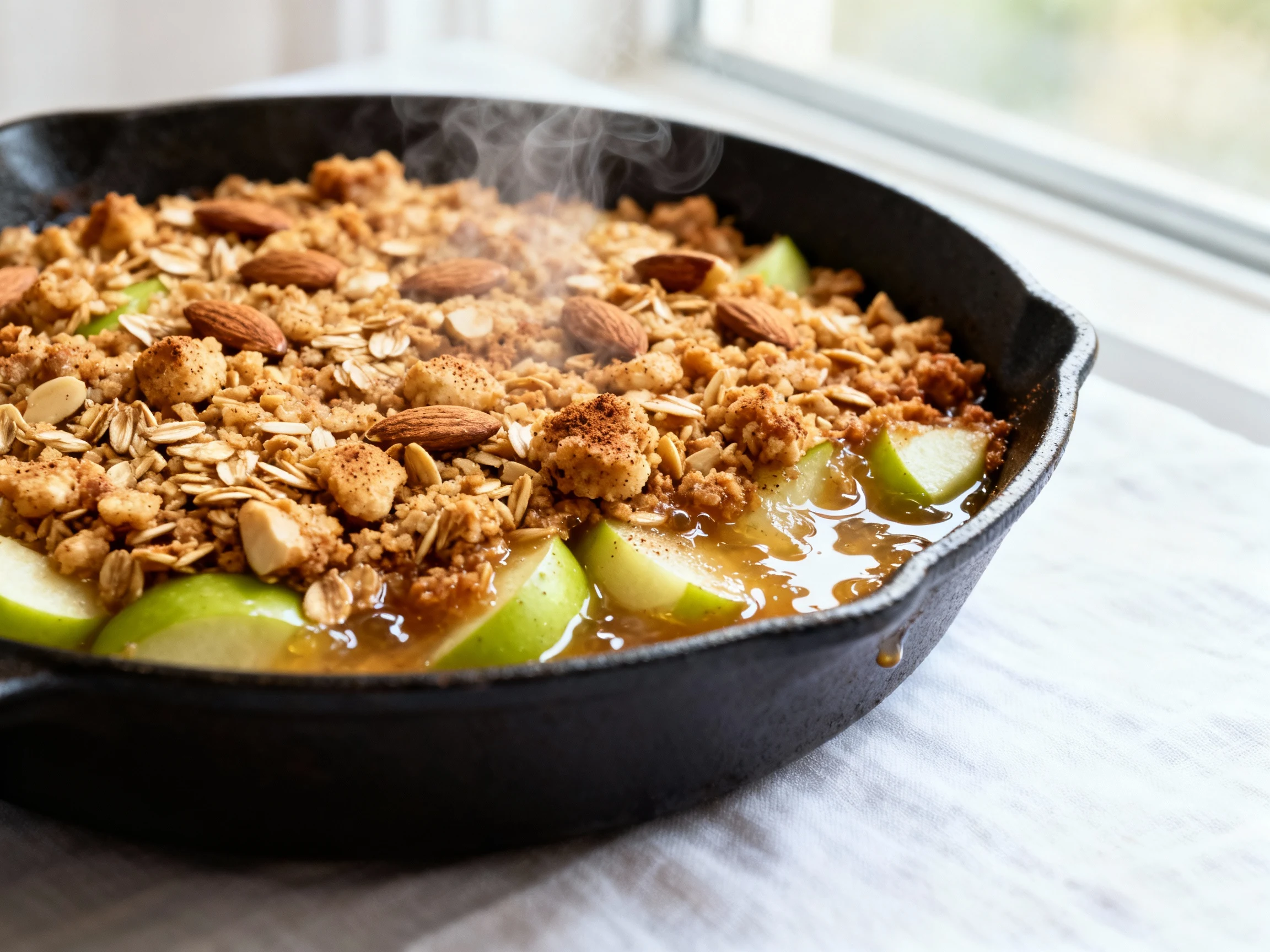 Food photography, Close-up of a just-baked green apple crumble in a cast-iron skillet: deep golden oat–almond topping wi