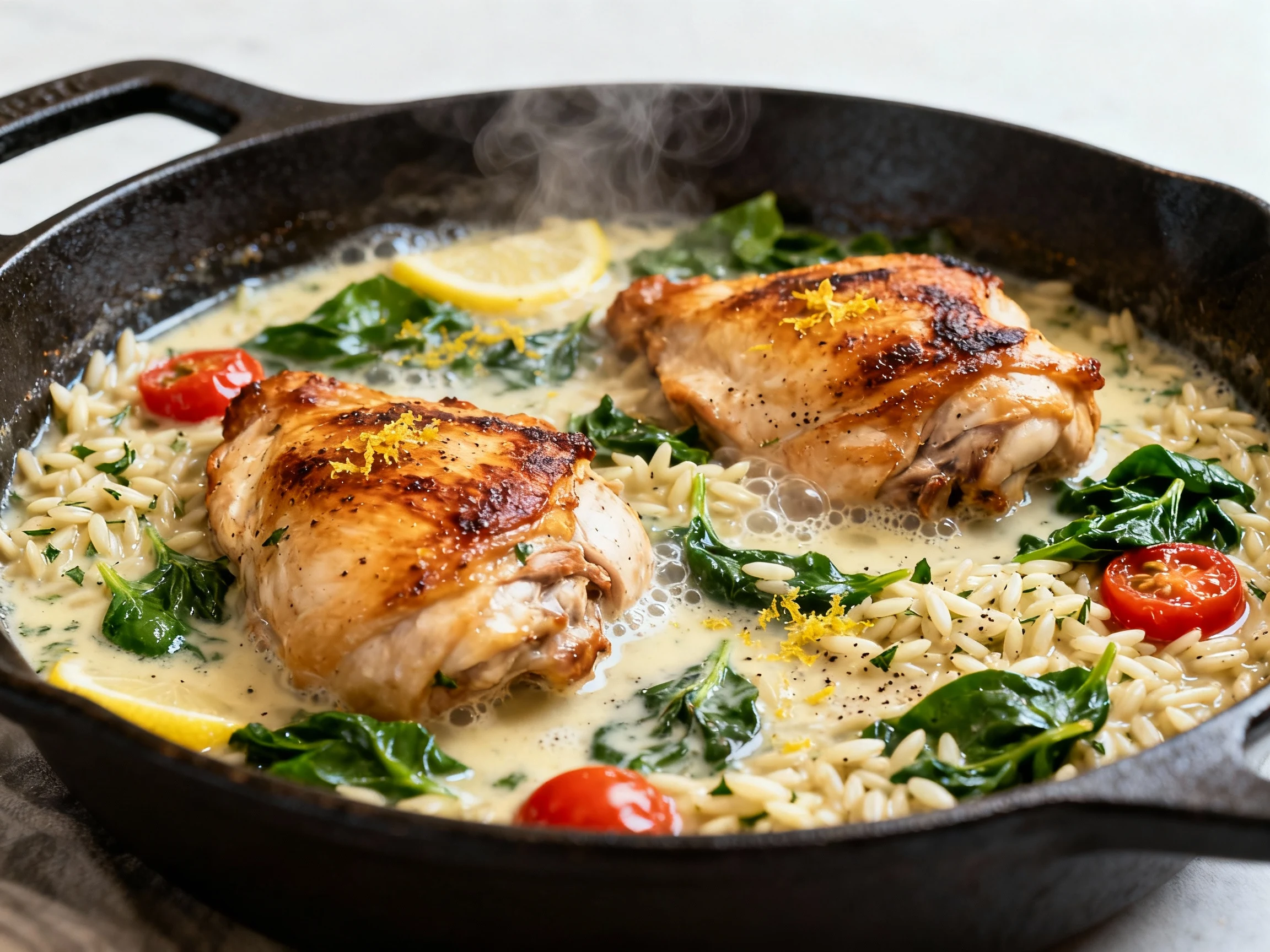 Food photography, Cooking process, close-up 45-degree shot: golden-seared chicken thighs nestled in a deep skillet of si