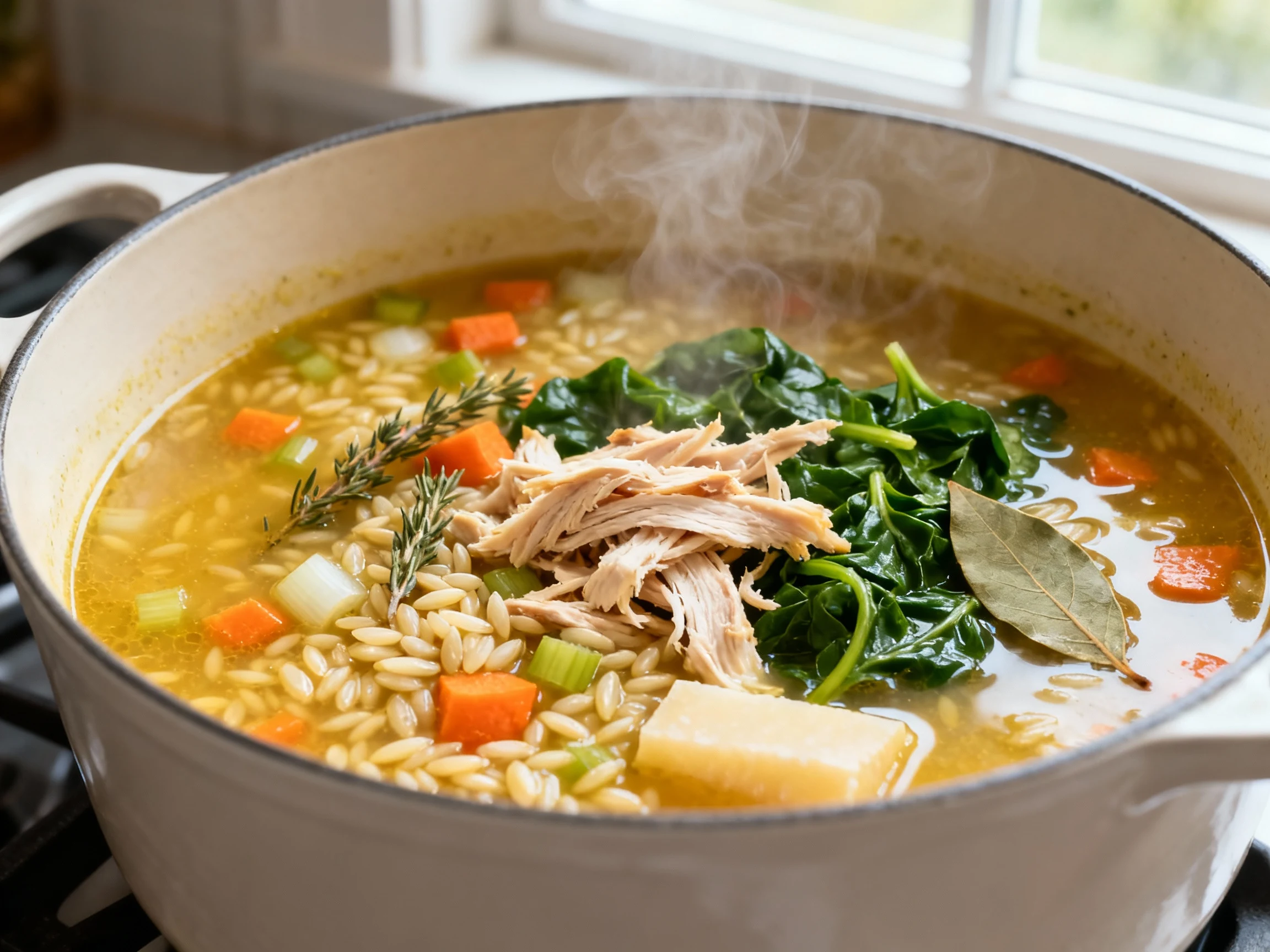 Food photography, 1. Close-up cooking process: chicken orzo soup simmering with velvety golden broth; al dente orzo, dic
