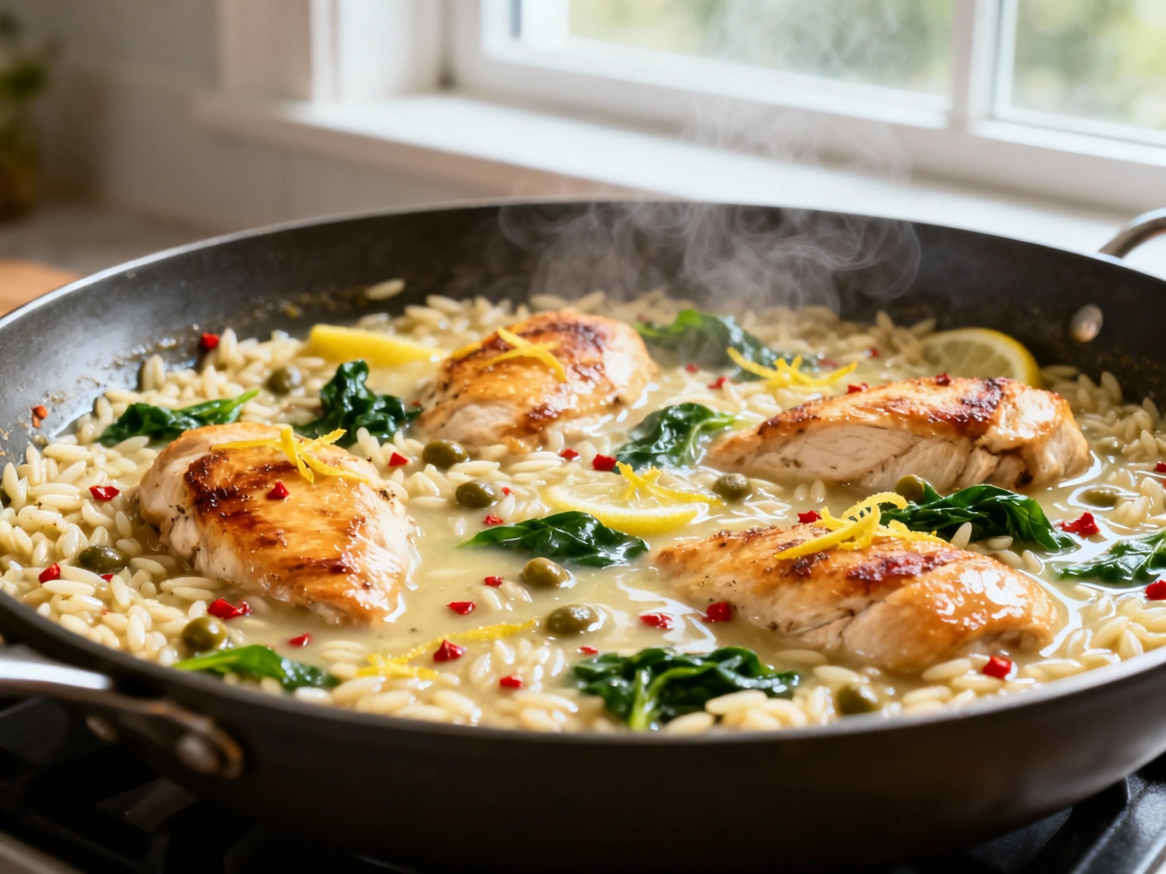 Food photography, Close-up of silky lemon chicken orzo simmering in a wide skillet: golden-seared chicken pieces nestled
