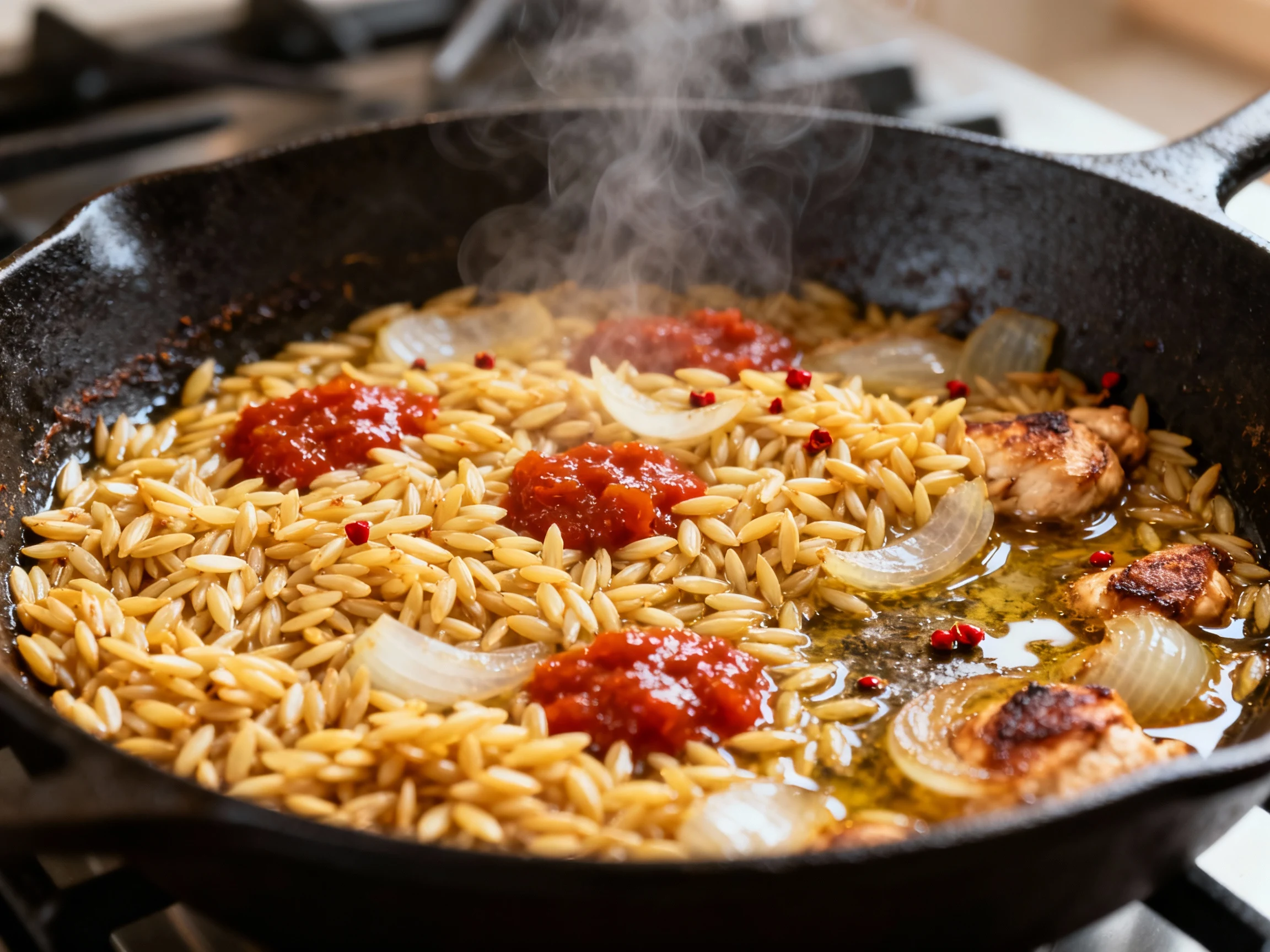 Food photography, Close-up process shot: orzo toasting in chicken drippings in a 12-inch cast-iron skillet—lightly golde