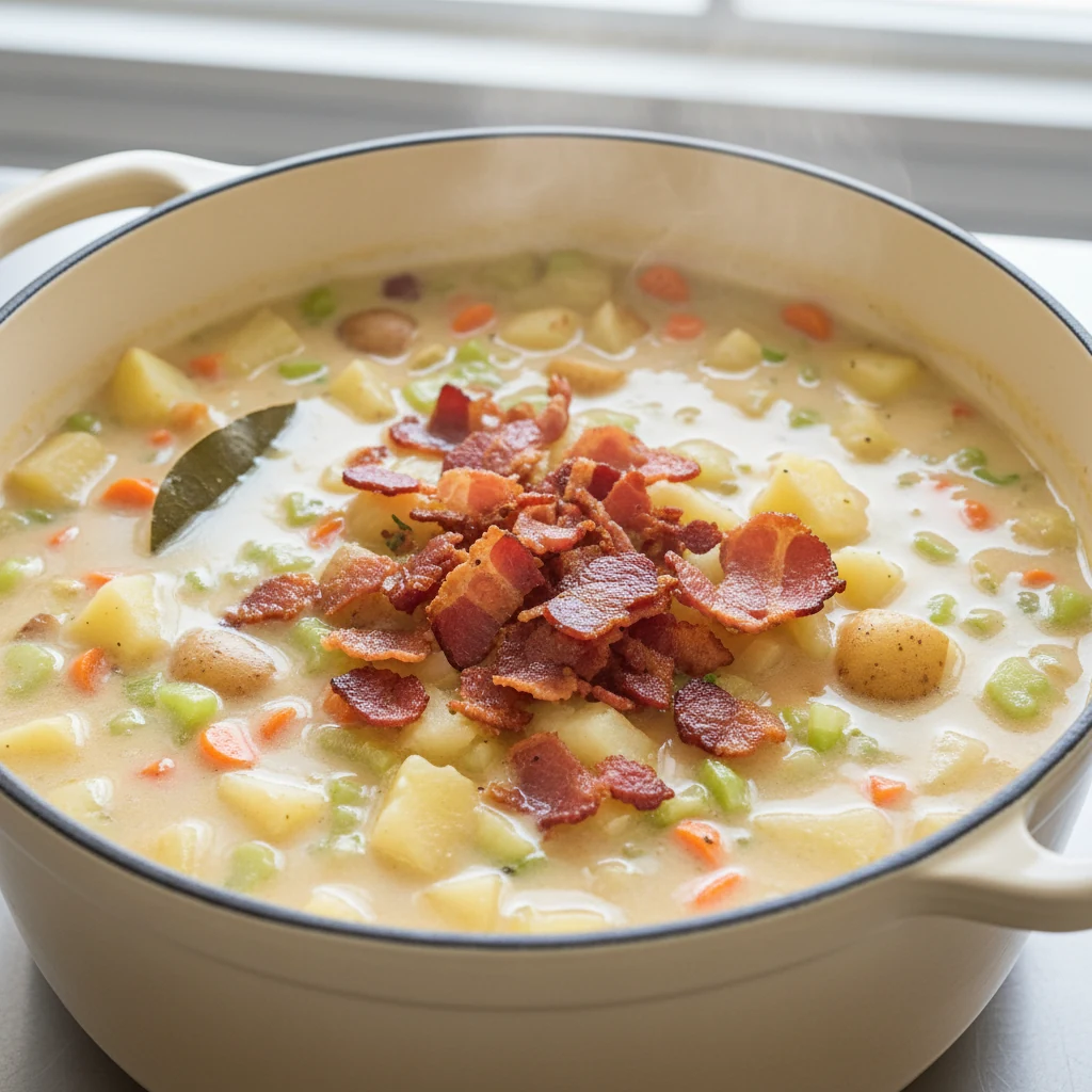 Food photography, 1. Close-up of Potato Bacon Soup simmering in a heavy Dutch oven: creamy pale-golden broth with visibl