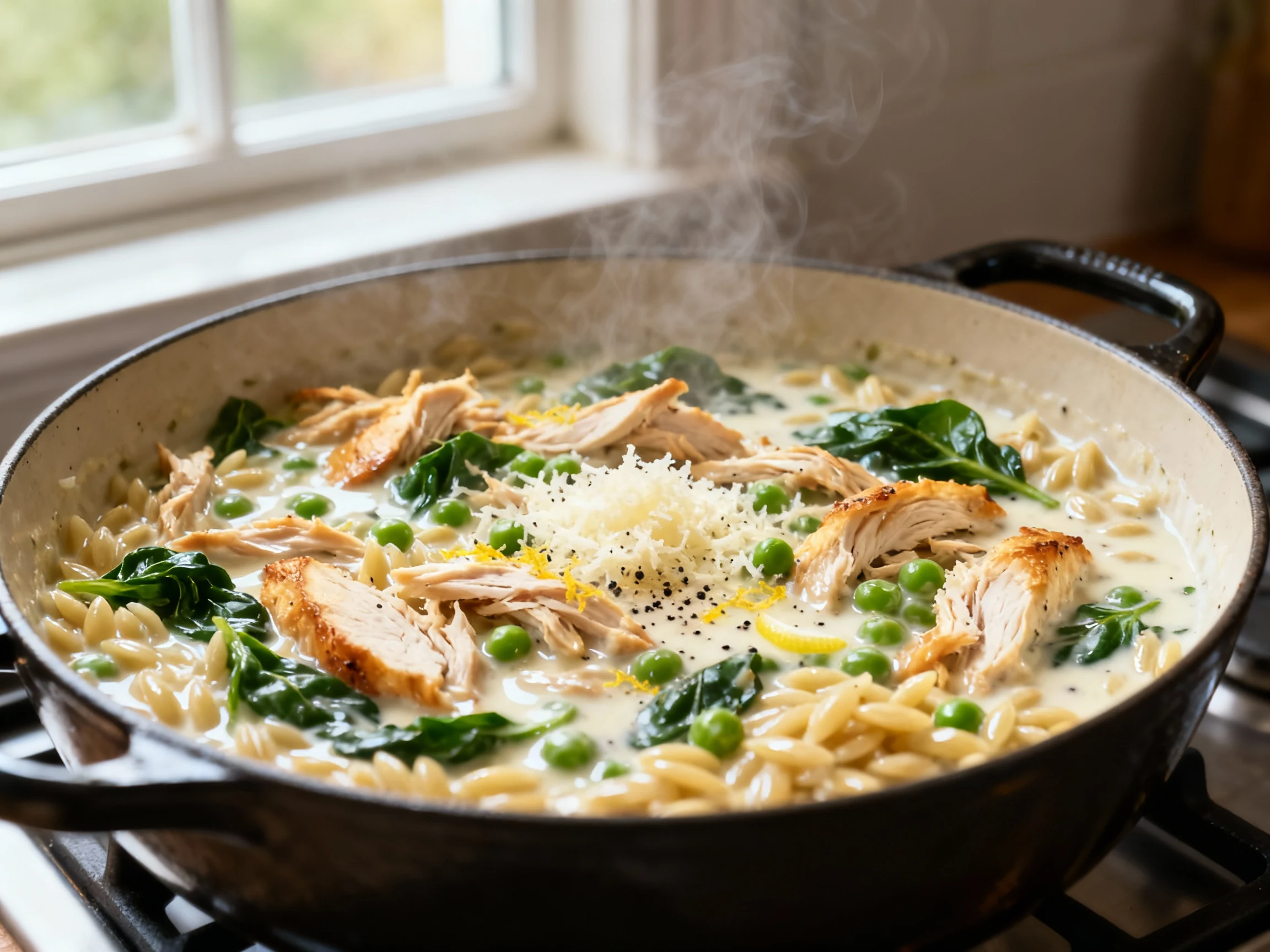 Food photography, 1. Close-up of creamy chicken orzo finishing in a Dutch oven: heavy cream and freshly grated Parmesan 
