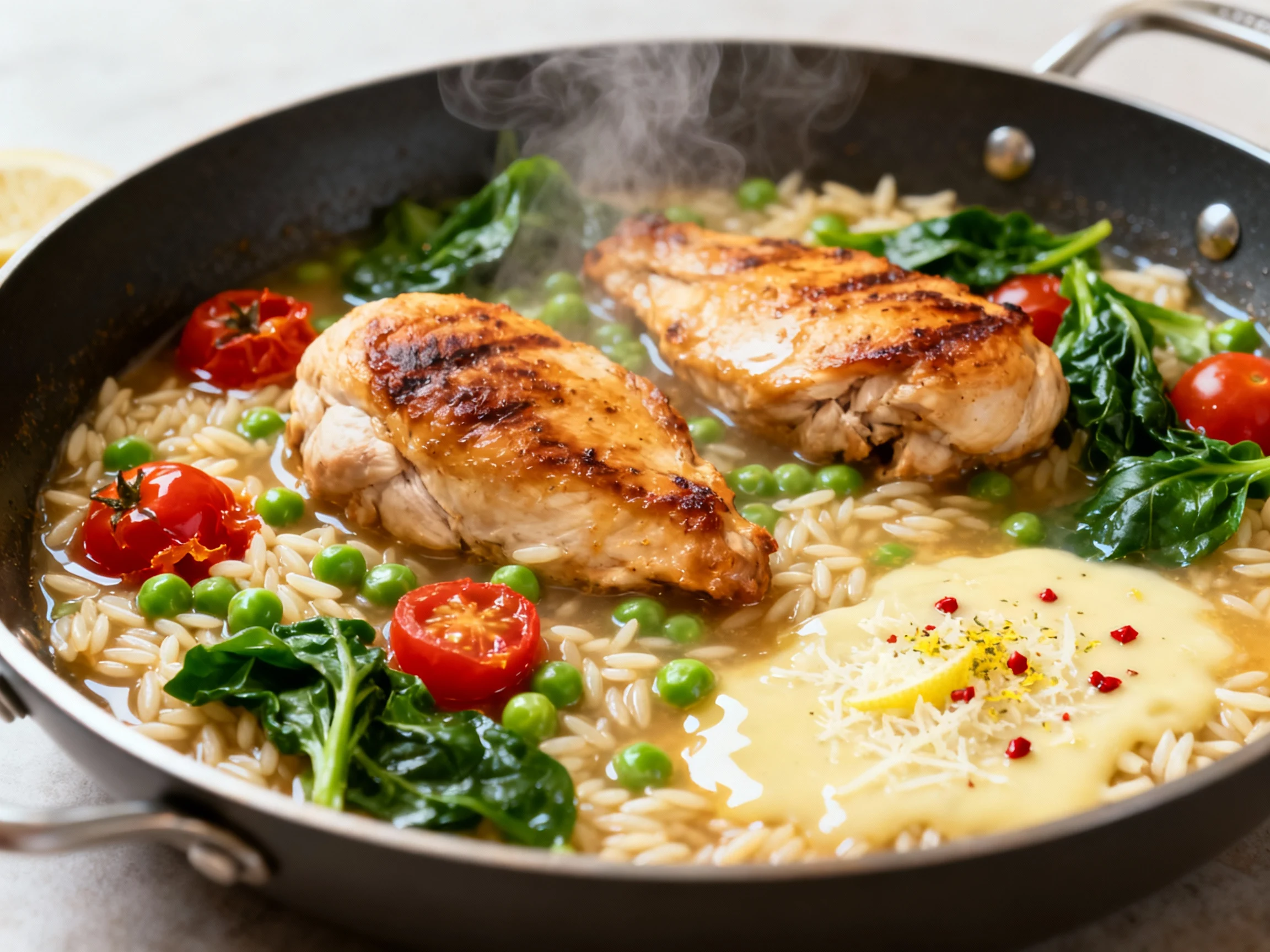 Food photography, Close-up process shot of one-pan chicken and orzo simmering in a wide skillet: golden seared chicken p