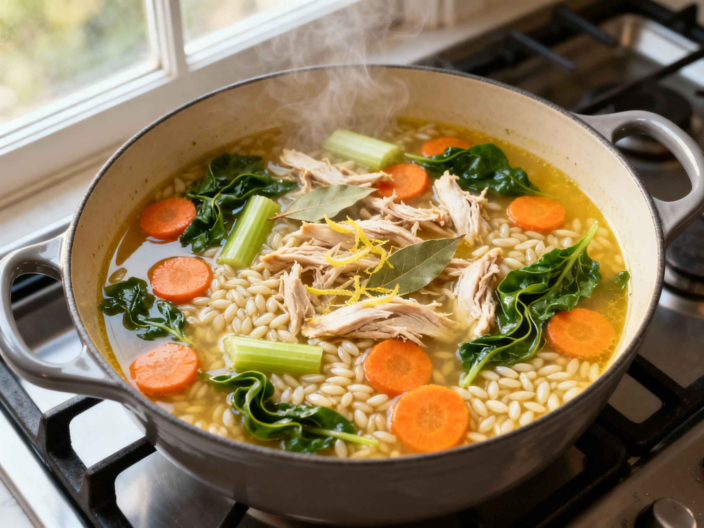 Food photography, Overhead shot of chicken orzo soup simmering in a matte enamel Dutch oven: silky golden broth, tender 