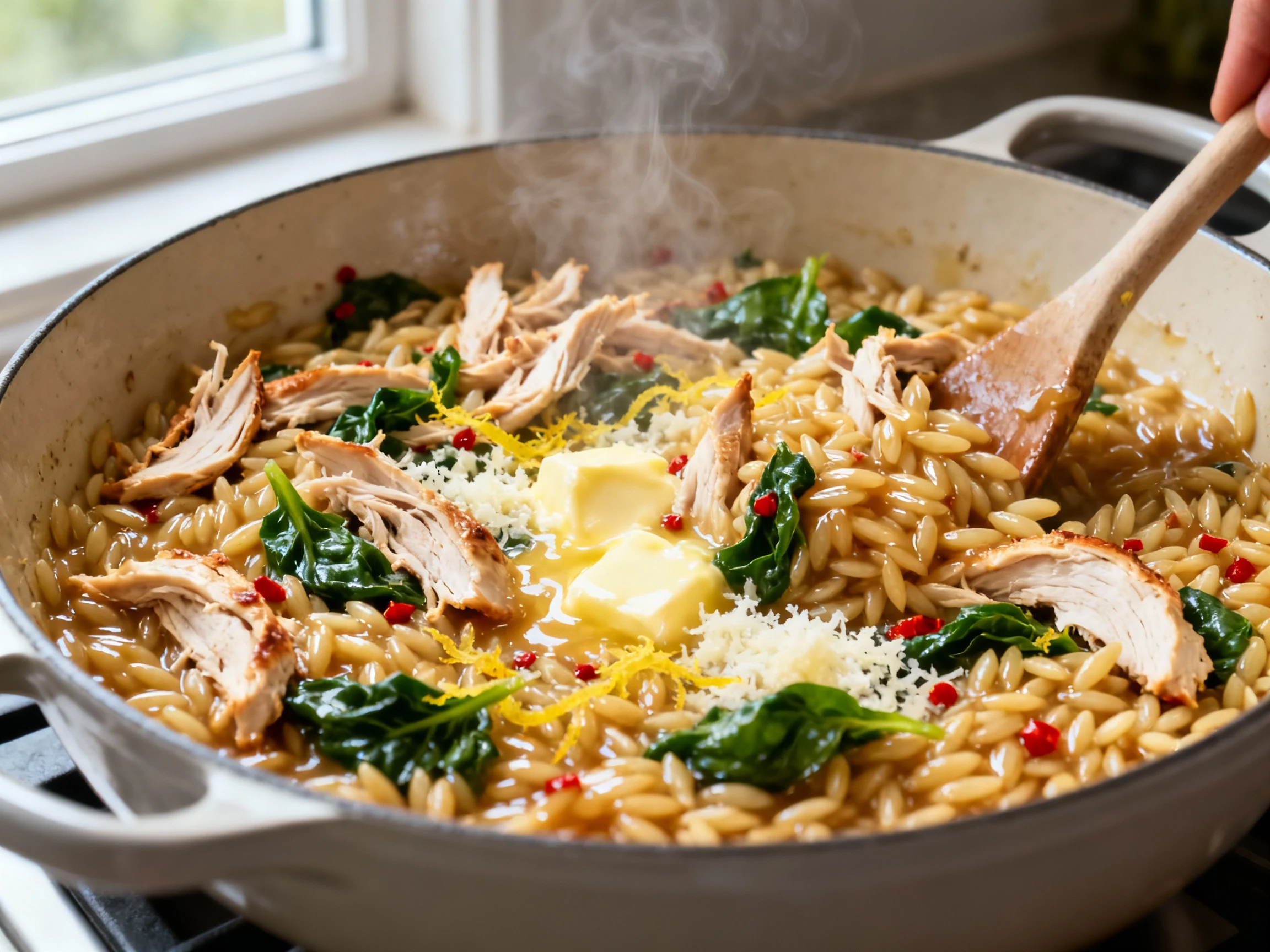 Food photography, Close-up of glossy, saucy orzo being stirred in a wide Dutch oven during the finish—shredded rotisseri
