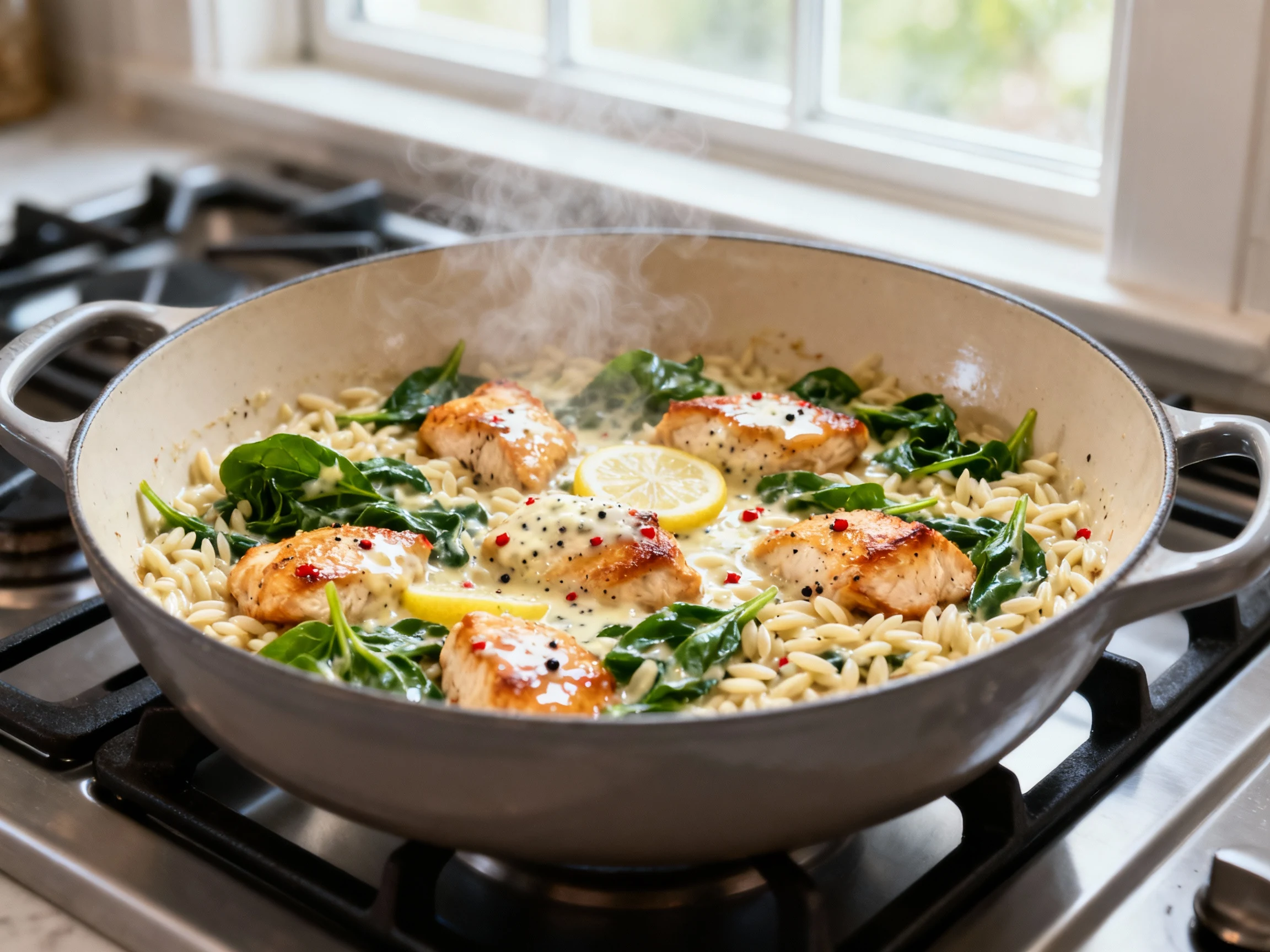 Food photography, Close-up of a wide Dutch oven at a gentle simmer: creamy orzo folded with wilted baby spinach and gold