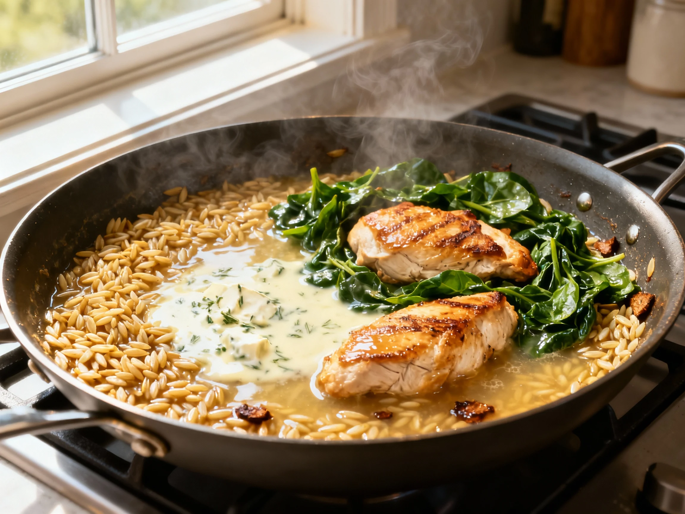 Food photography, Overhead shot of a large stainless skillet mid-cook: toasted orzo simmering in chicken broth, Boursin 