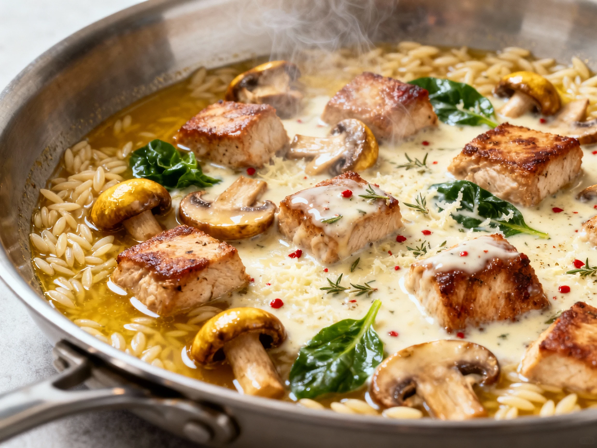 Food photography, Close-up cooking process: stainless skillet of orzo simmering in chicken broth, with browned 1-inch ch