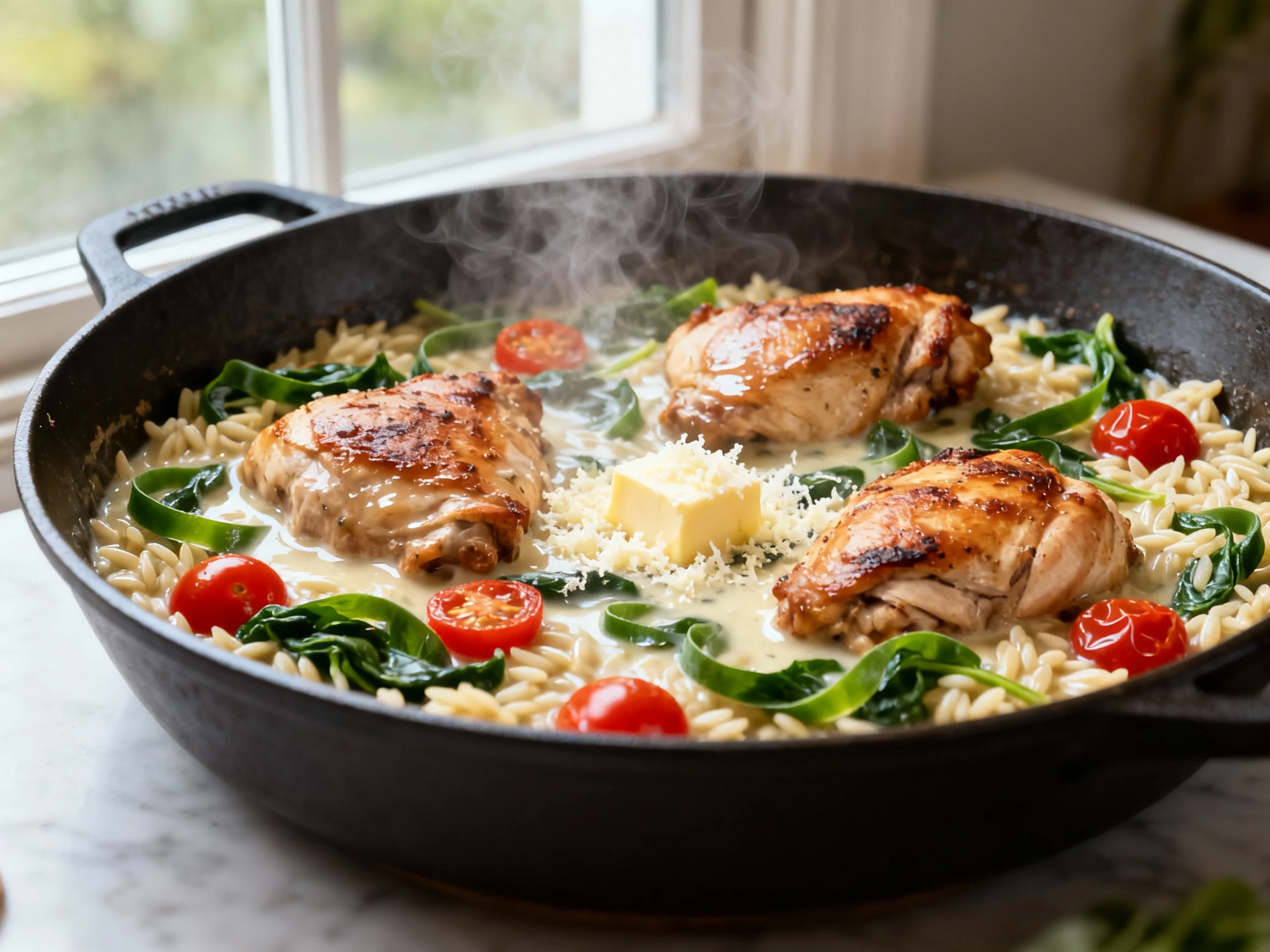Food photography, 1. Close-up of baked chicken thighs nestled in creamy orzo in a 12-inch oven-safe skillet, butter and 