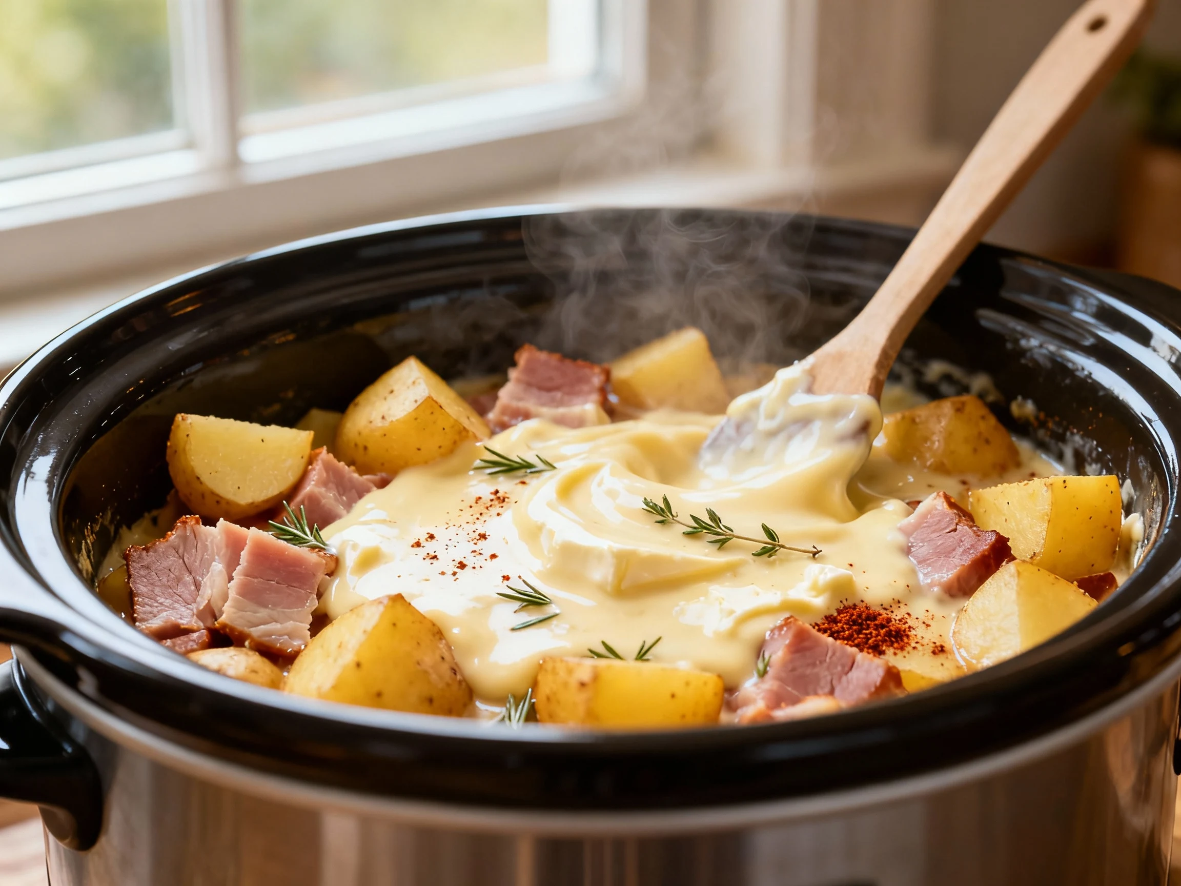 Food photography, Close-up of cooked ham and golden potato cubes in a slow cooker as cream cheese melts in during the fi
