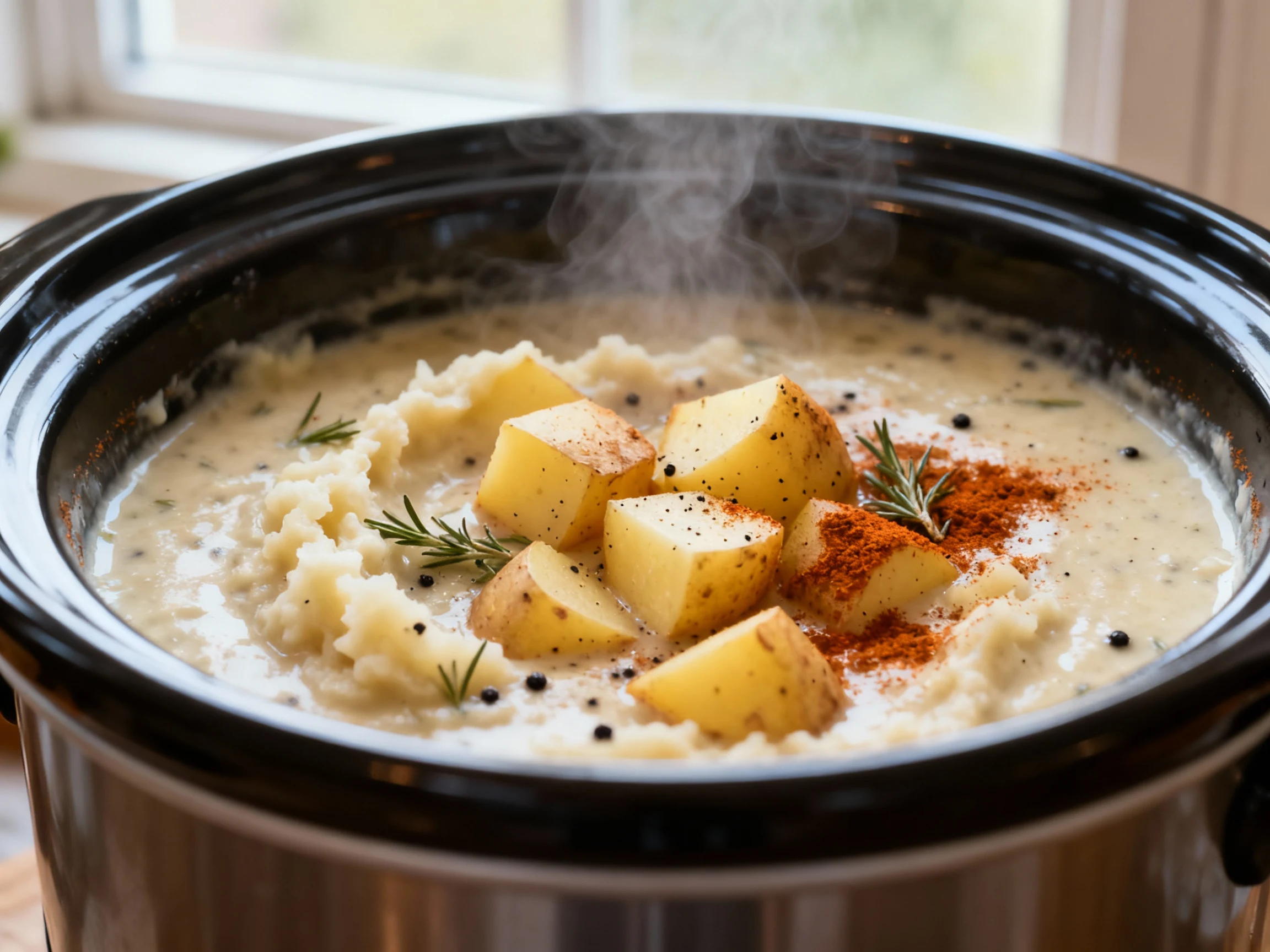 Food photography, Cooking process: Close-up of slow cooker crock with creamy potato soup being partially mashed—tender Y