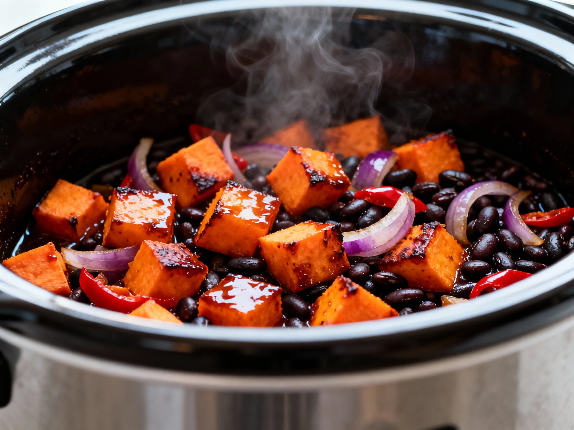 Food photography, Close-up of cooked sweet potatoes and black beans inside a slow cooker: tender 1-inch orange cubes wit