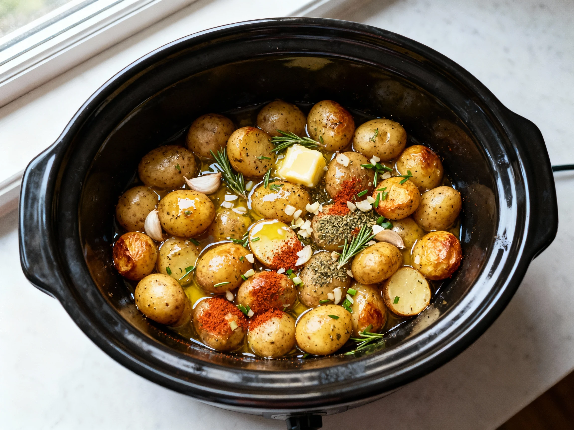Food photography, Overhead process shot: slow cooker insert filled with seasoned baby potatoes in an even layer, glisten
