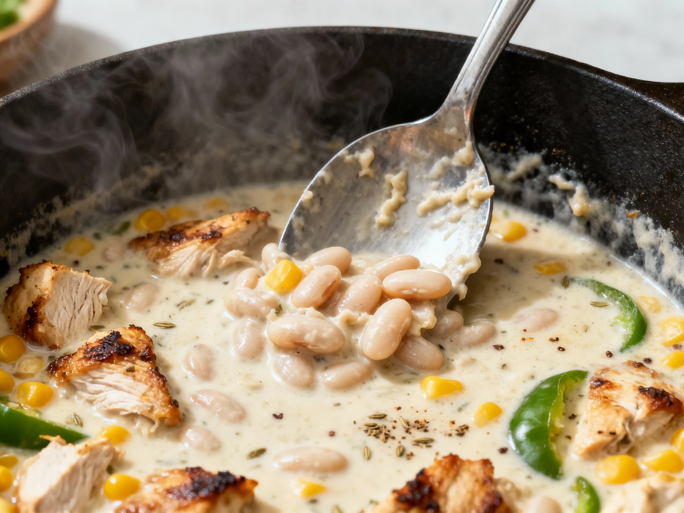 Food photography, 1. Close-up action of thickening the chili: spoon mashing cannellini beans against the pot side in a g