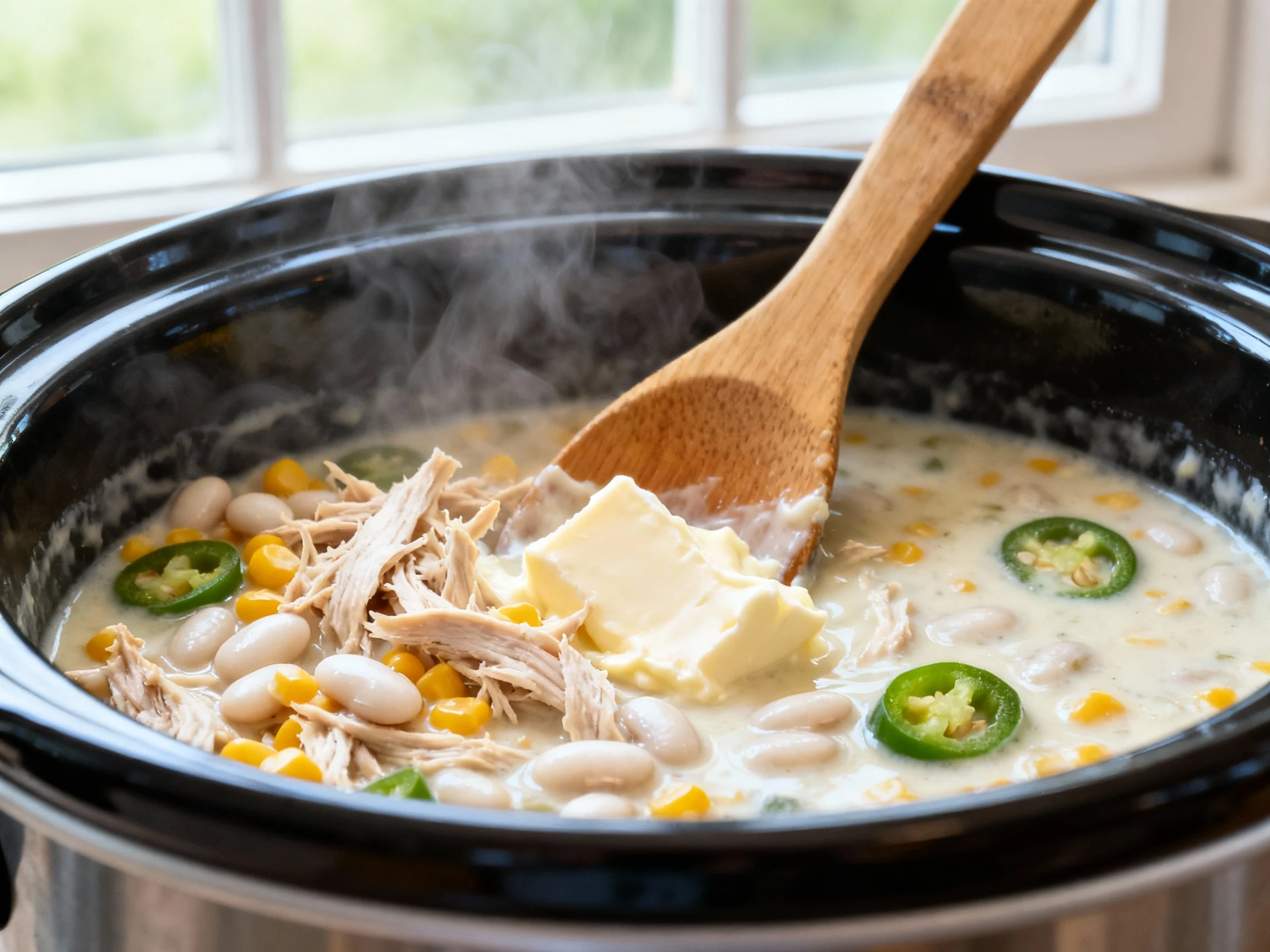 Food photography, 1. Close-up inside a slow cooker of creamy white chicken chili after shredding—the silky pale broth ge