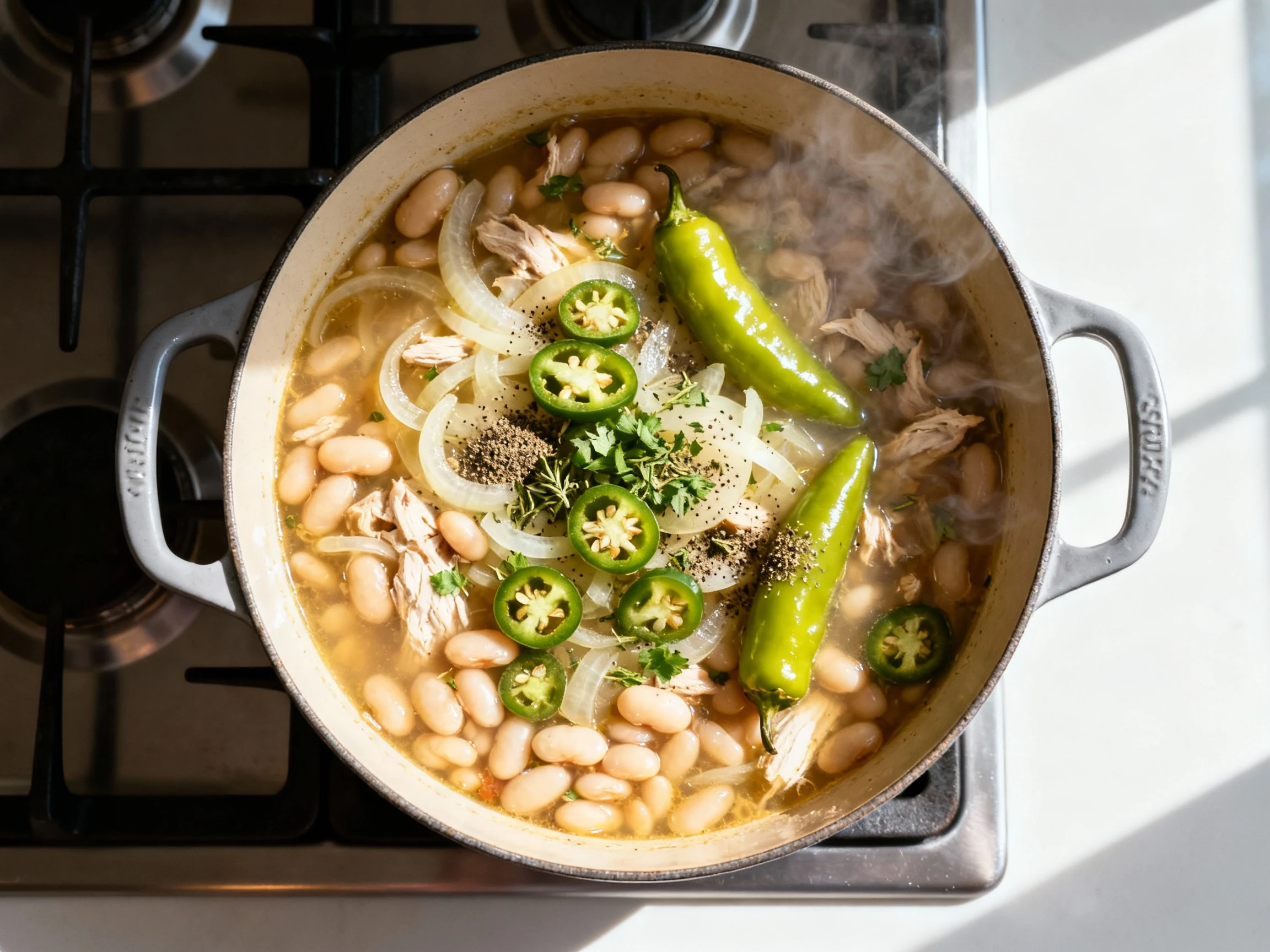 Food photography, Cooking process overhead: white bean chicken chili base simmering in a Dutch oven—glossy sautéed onion