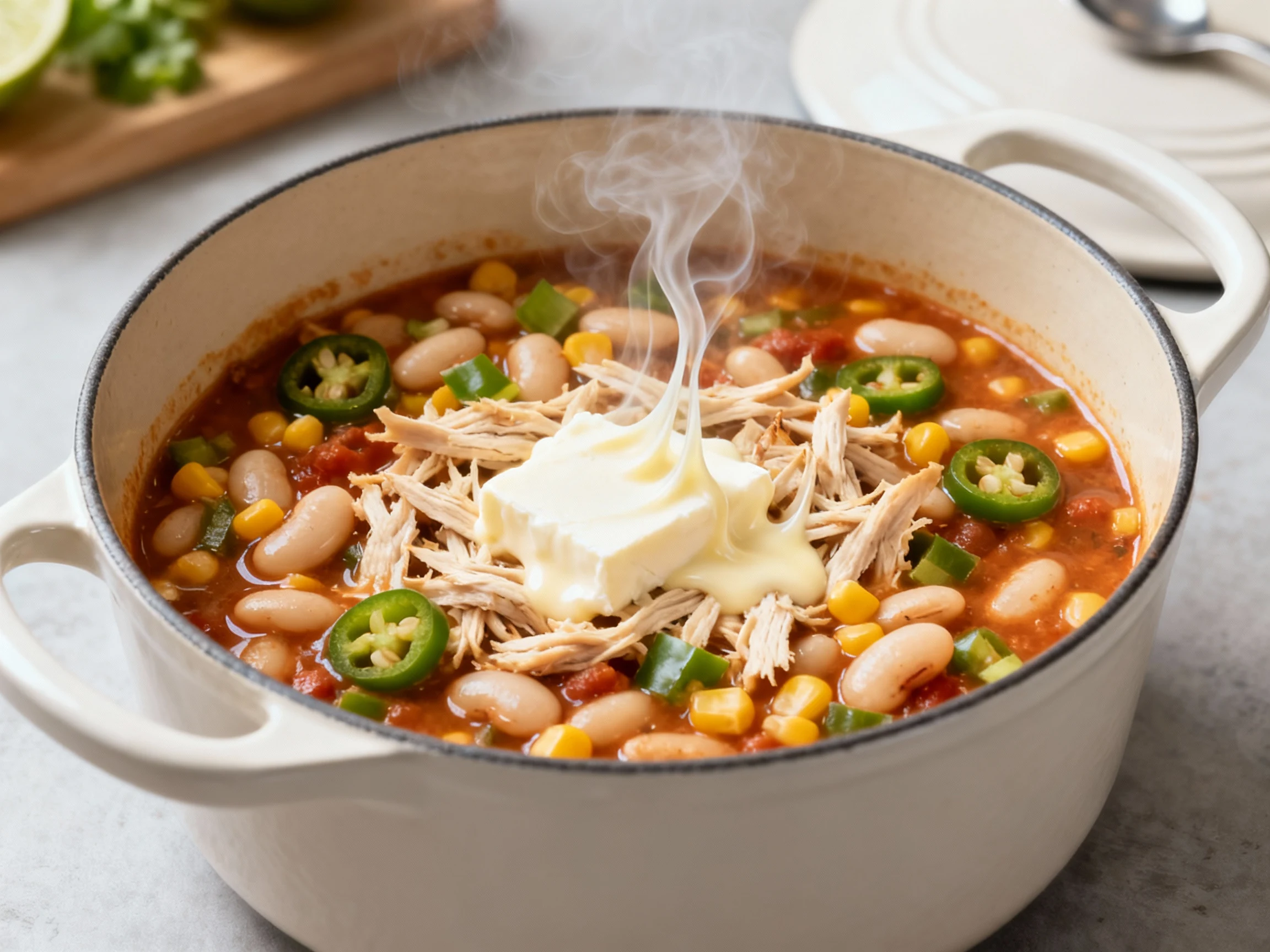 Food photography, Enameled Dutch oven with simmering white bean chicken chili as cream cheese gently melts off-heat into
