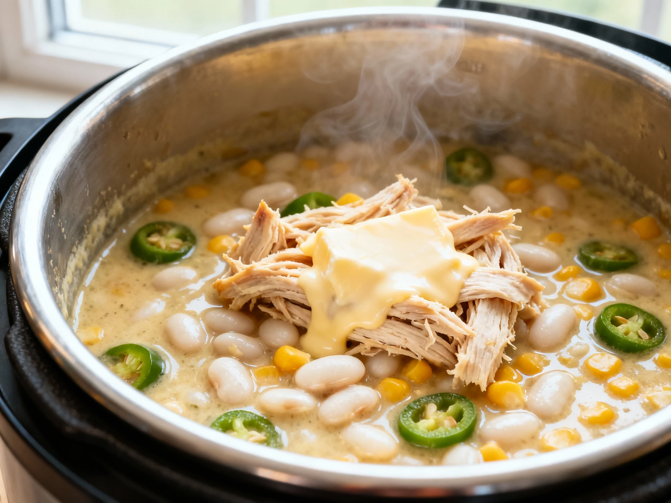 Food photography, Instant Pot white bean chicken chili post-pressure: shredded chicken folded back in as cream cheese me
