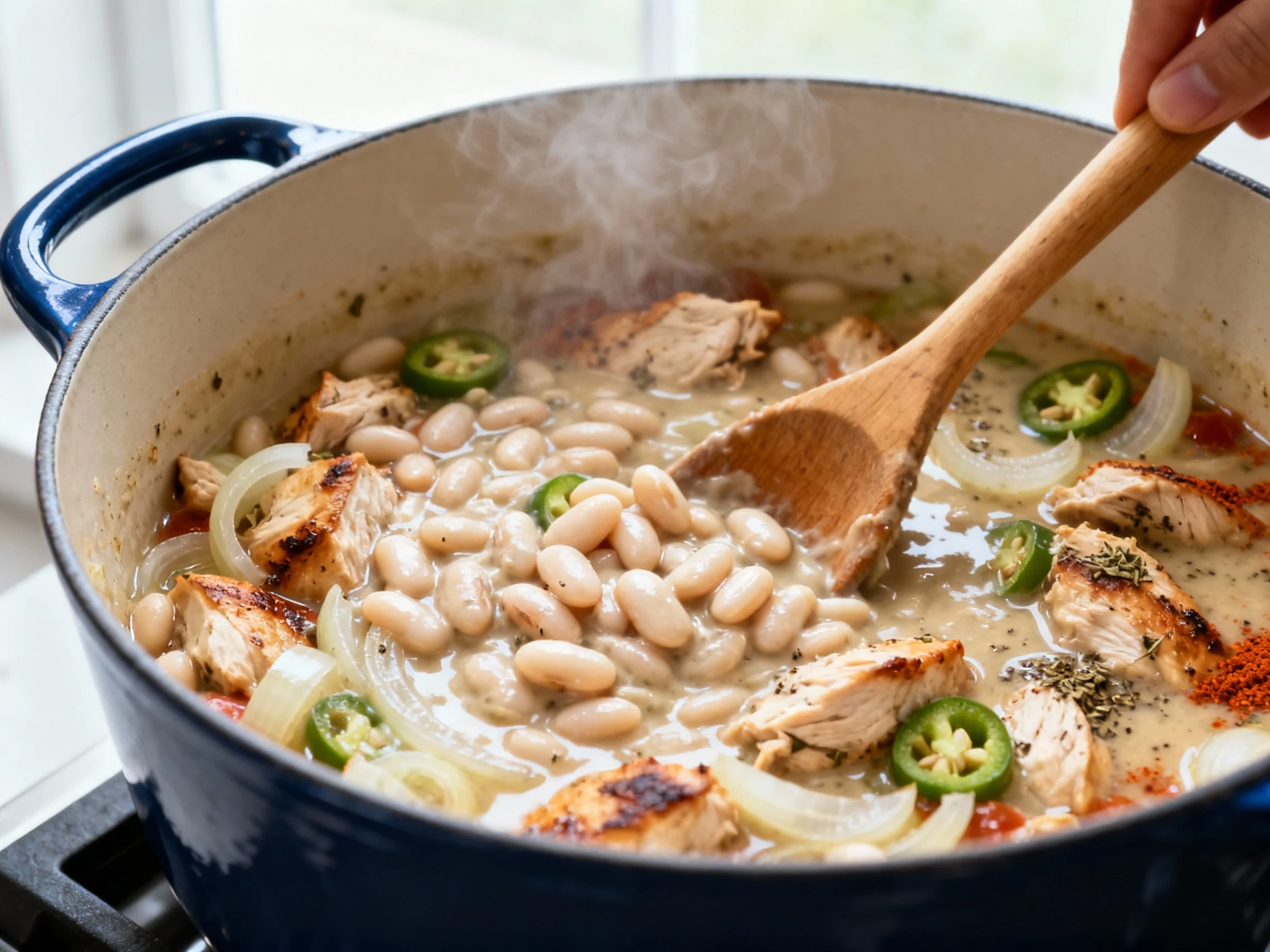 Food photography, Close-up of chicken and white bean chili simmering in an enameled Dutch oven; wooden spoon mashing cre