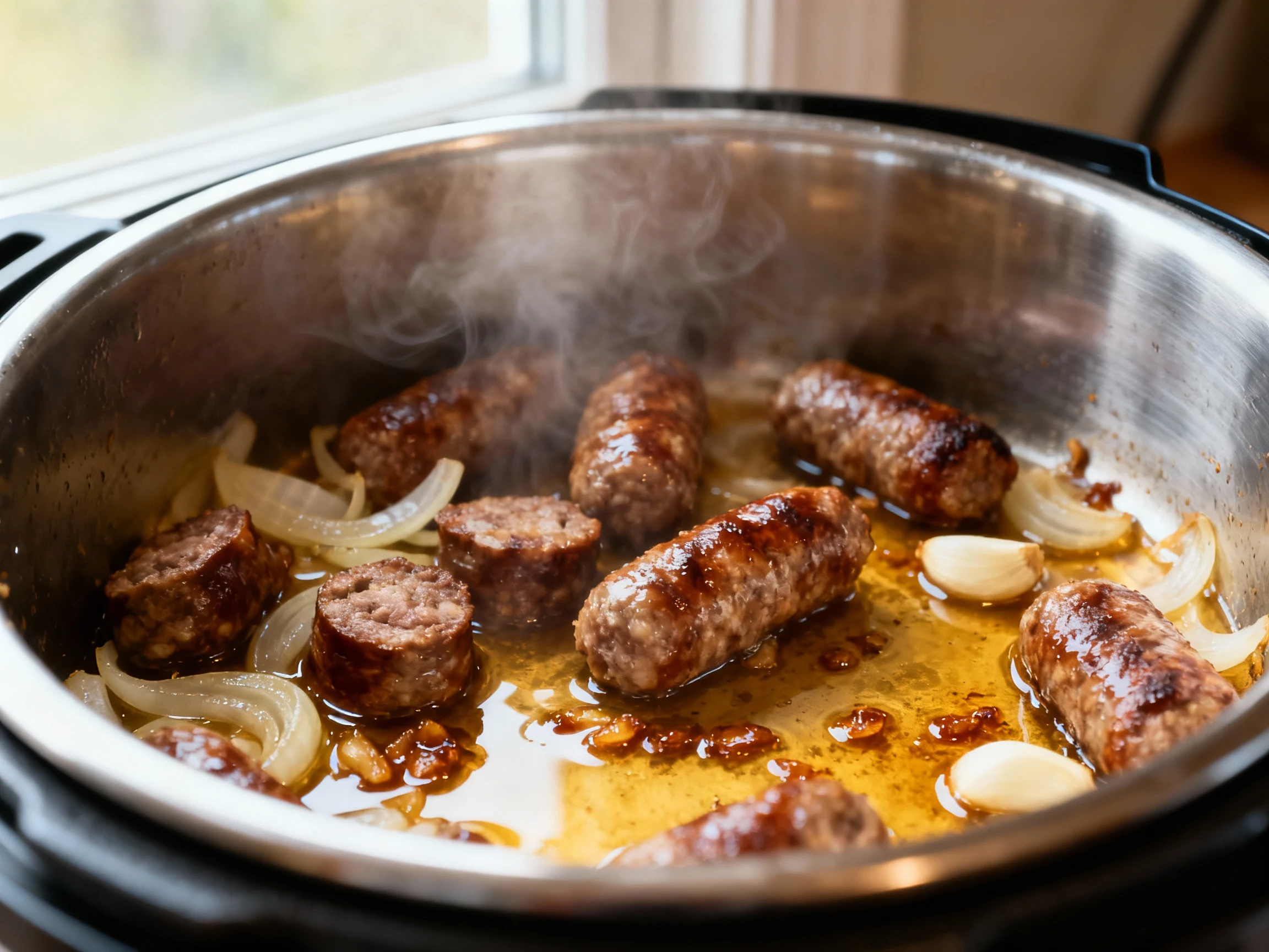 Food photography, Close-up cooking process: Instant Pot sauté stage with fully browned Italian sausage, translucent onio