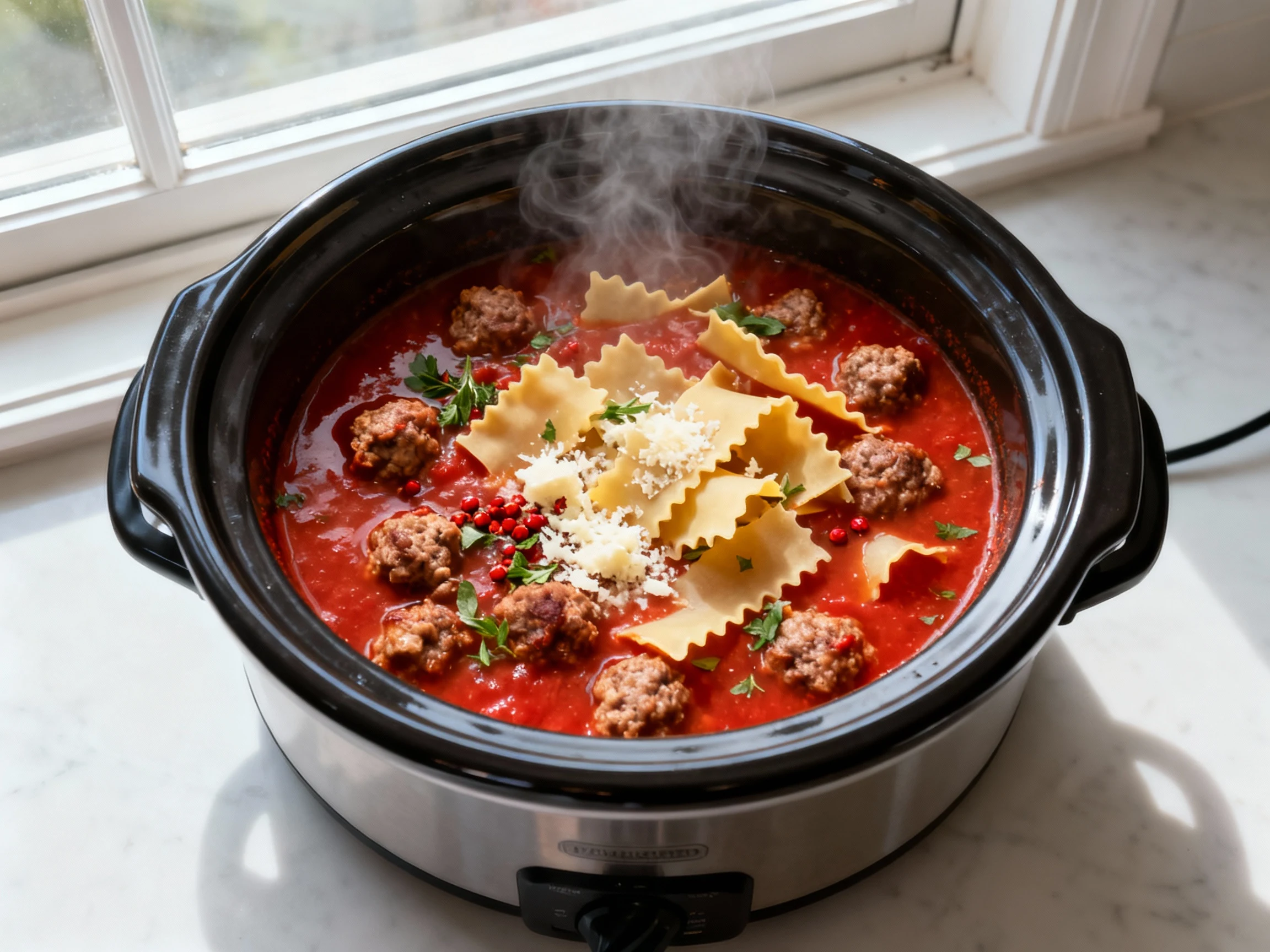 Food photography, Overhead shot of a slow cooker of lasagna soup: deep red tomato broth with browned Italian sausage, vi