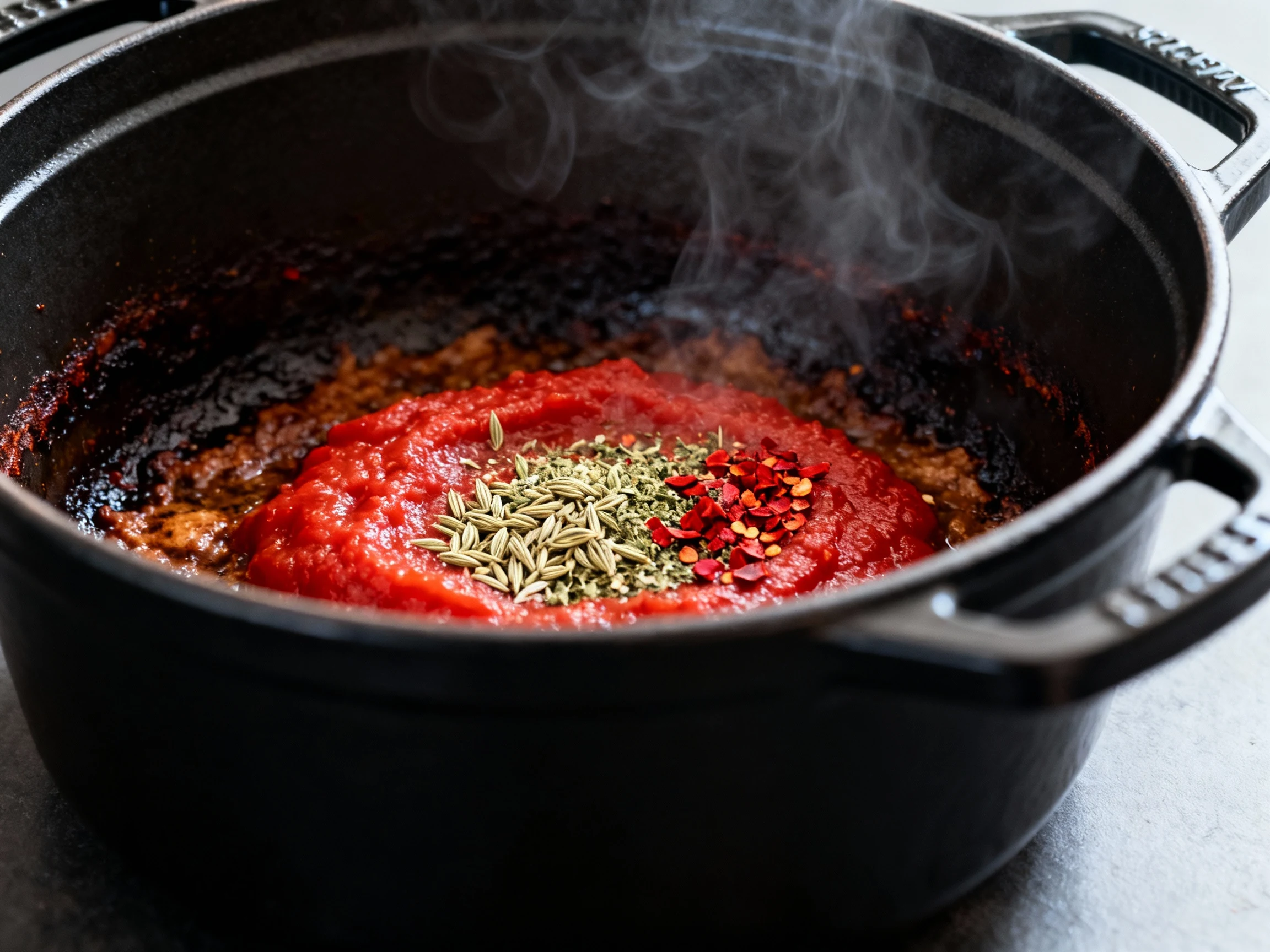 Food photography, Close-up, cooking process: tomato paste toasting with crushed fennel seed, Italian seasoning, and red 