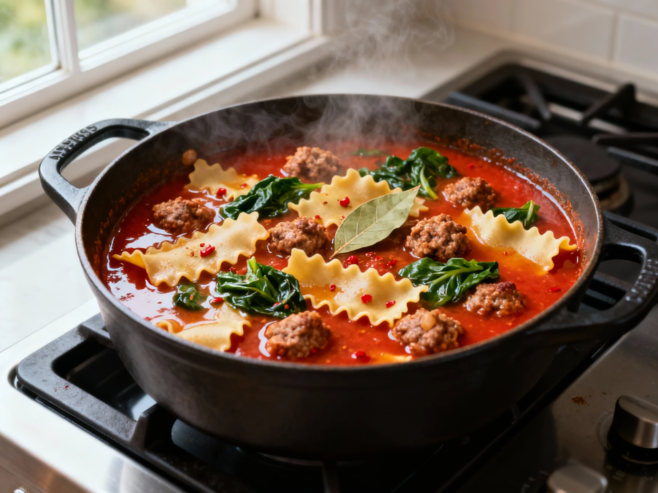 Food photography, Cooking process: Wide Dutch oven of lasagna soup at a gentle simmer—glossy tomato broth with browned I