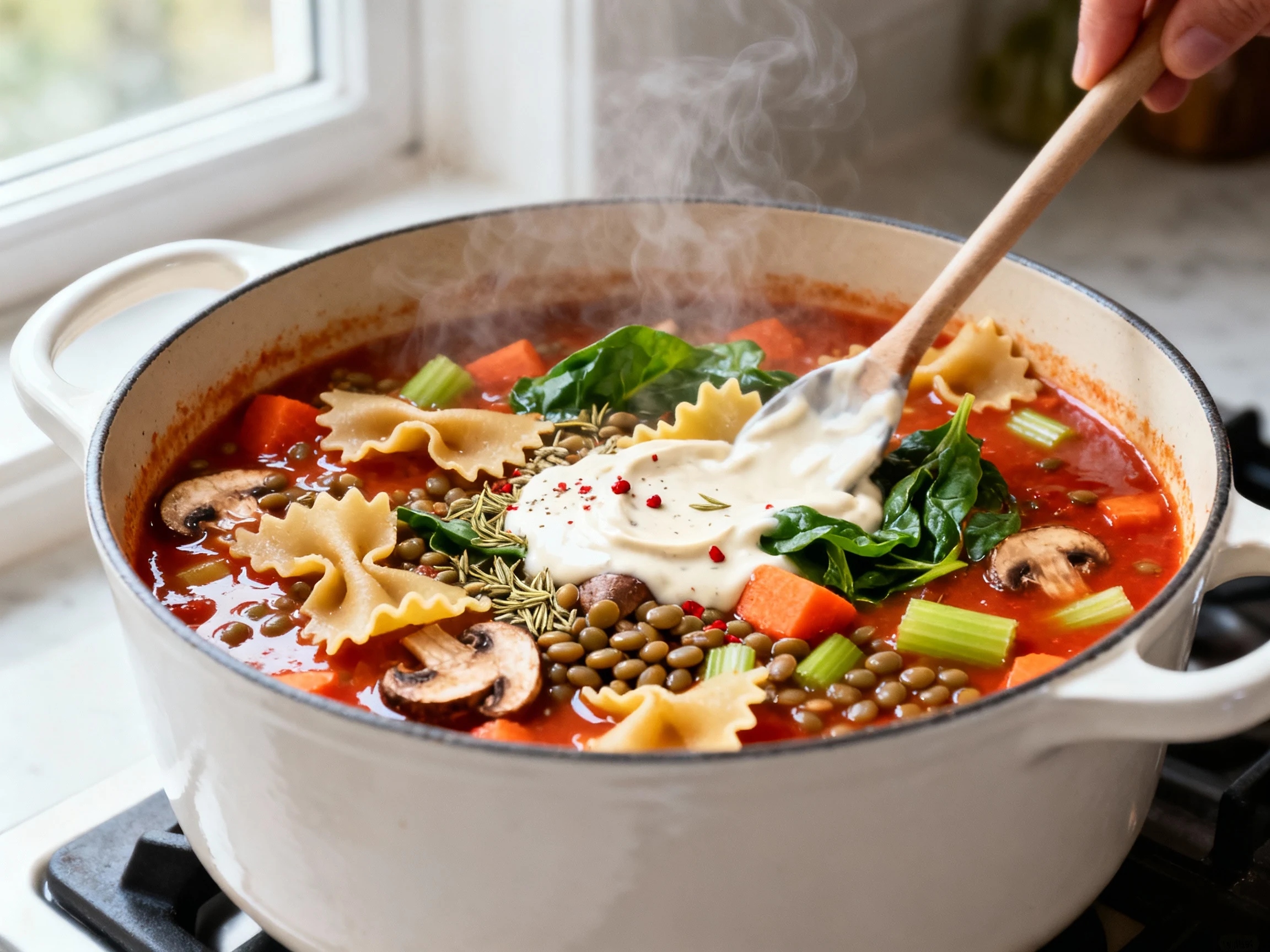 Food photography, Cooking process: close-up of one-pot vegan lasagna soup as cashew cream is stirred in and baby spinach