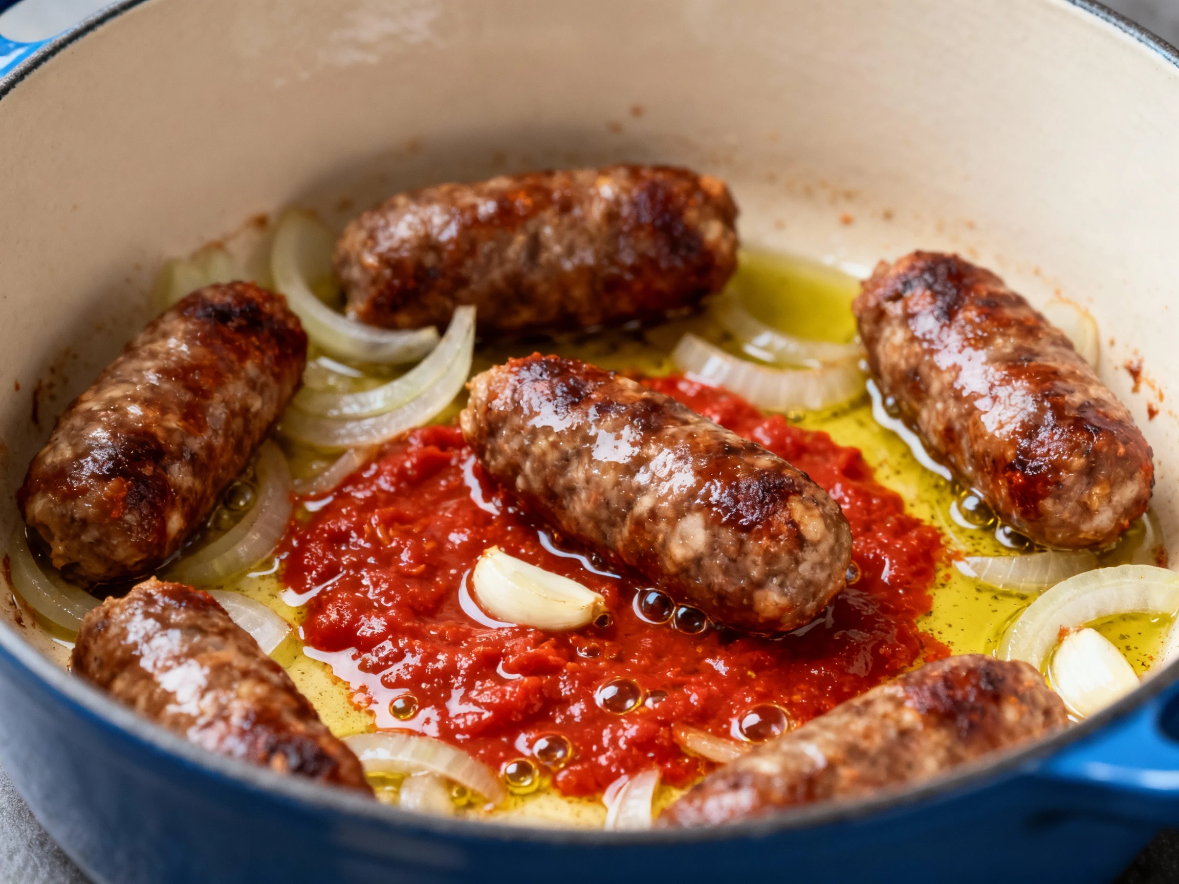Food photography, 1. Close-up of browned Italian sausage with translucent onion and garlic as tomato paste blooms in oli