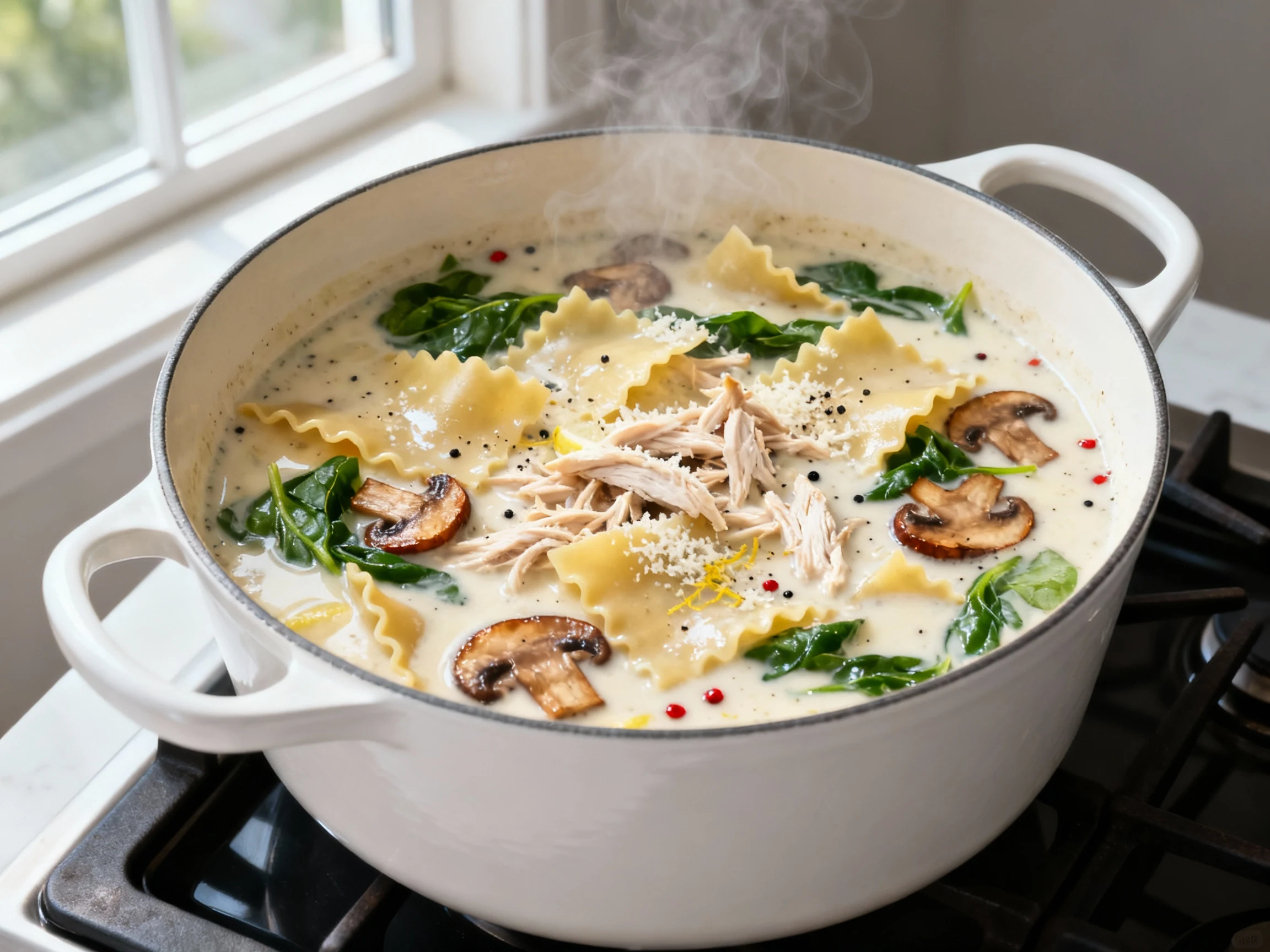Food photography, Overhead shot of Alfredo lasagna soup finishing on low heat in a white Dutch oven: glossy parmesan-cre